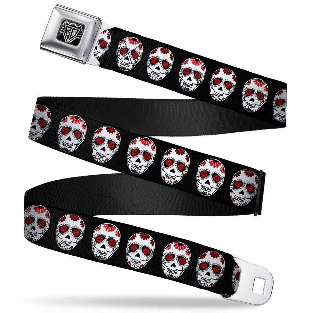 BD Wings Logo CLOSE-UP Full Color Black Silver Seatbelt Belt - Sugar Skulls Black/White/Red Webbing Seatbelt Belts Buckle-Down