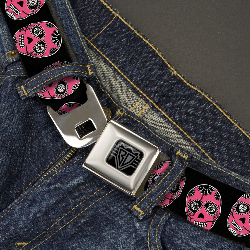 BD Wings Logo CLOSE-UP Black/Silver Seatbelt Belt - Sugar Skulls Black/White/Fuchsia Webbing Seatbelt Belts Buckle-Down