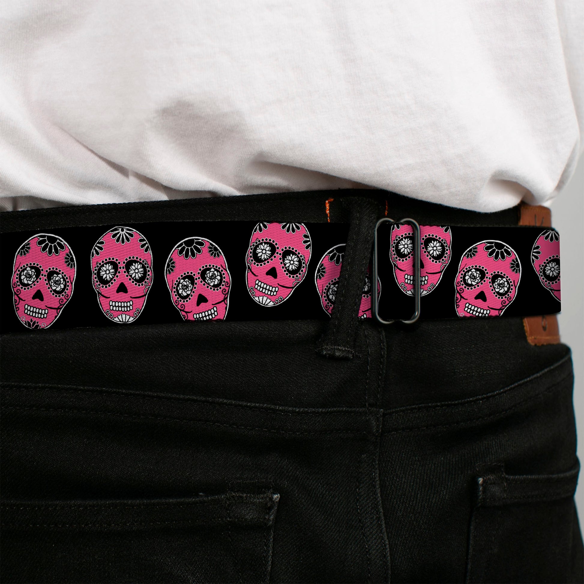 BD Wings Logo CLOSE-UP Black/Silver Seatbelt Belt - Sugar Skulls Black/White/Fuchsia Webbing Seatbelt Belts Buckle-Down