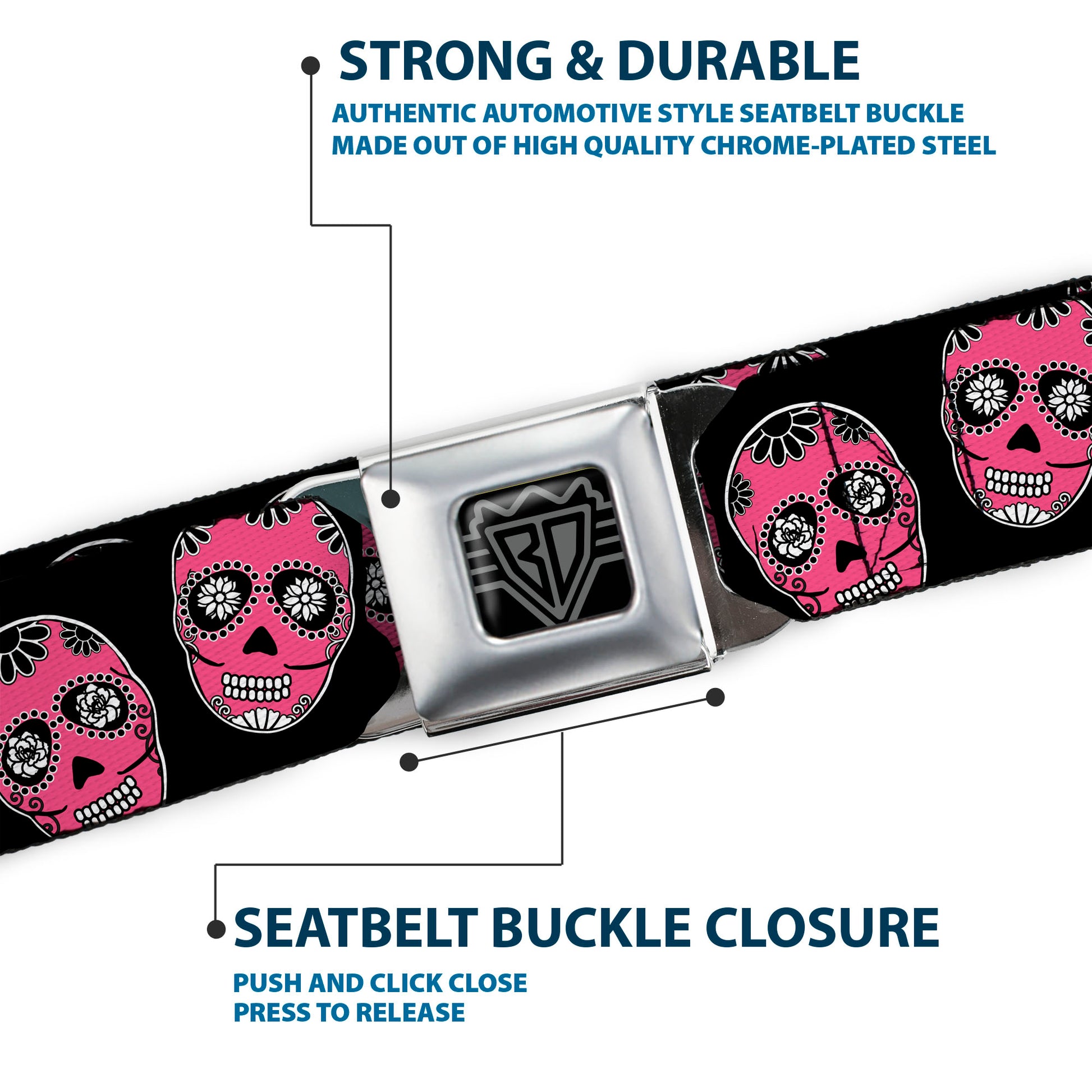 BD Wings Logo CLOSE-UP Black/Silver Seatbelt Belt - Sugar Skulls Black/White/Fuchsia Webbing Seatbelt Belts Buckle-Down