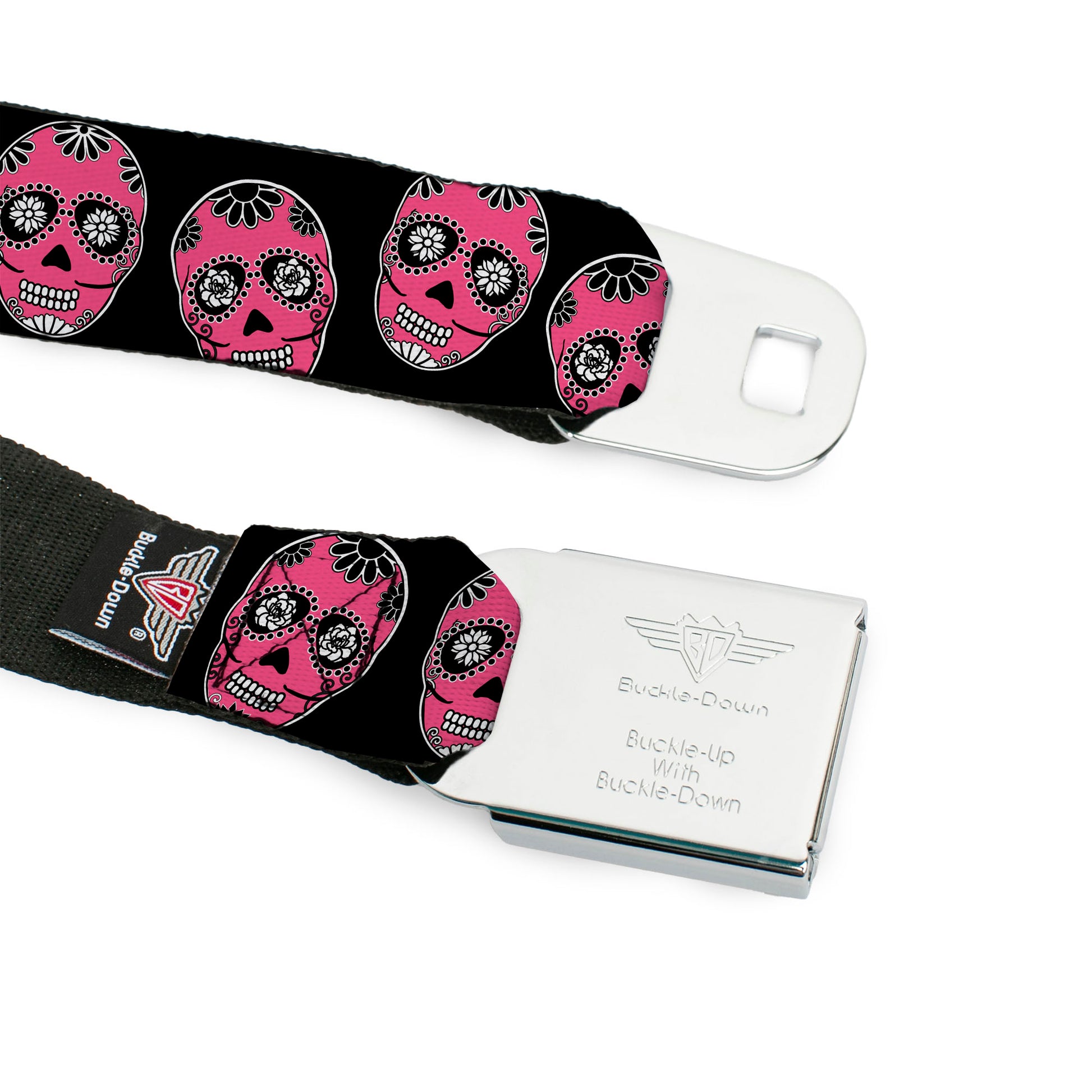 BD Wings Logo CLOSE-UP Black/Silver Seatbelt Belt - Sugar Skulls Black/White/Fuchsia Webbing Seatbelt Belts Buckle-Down
