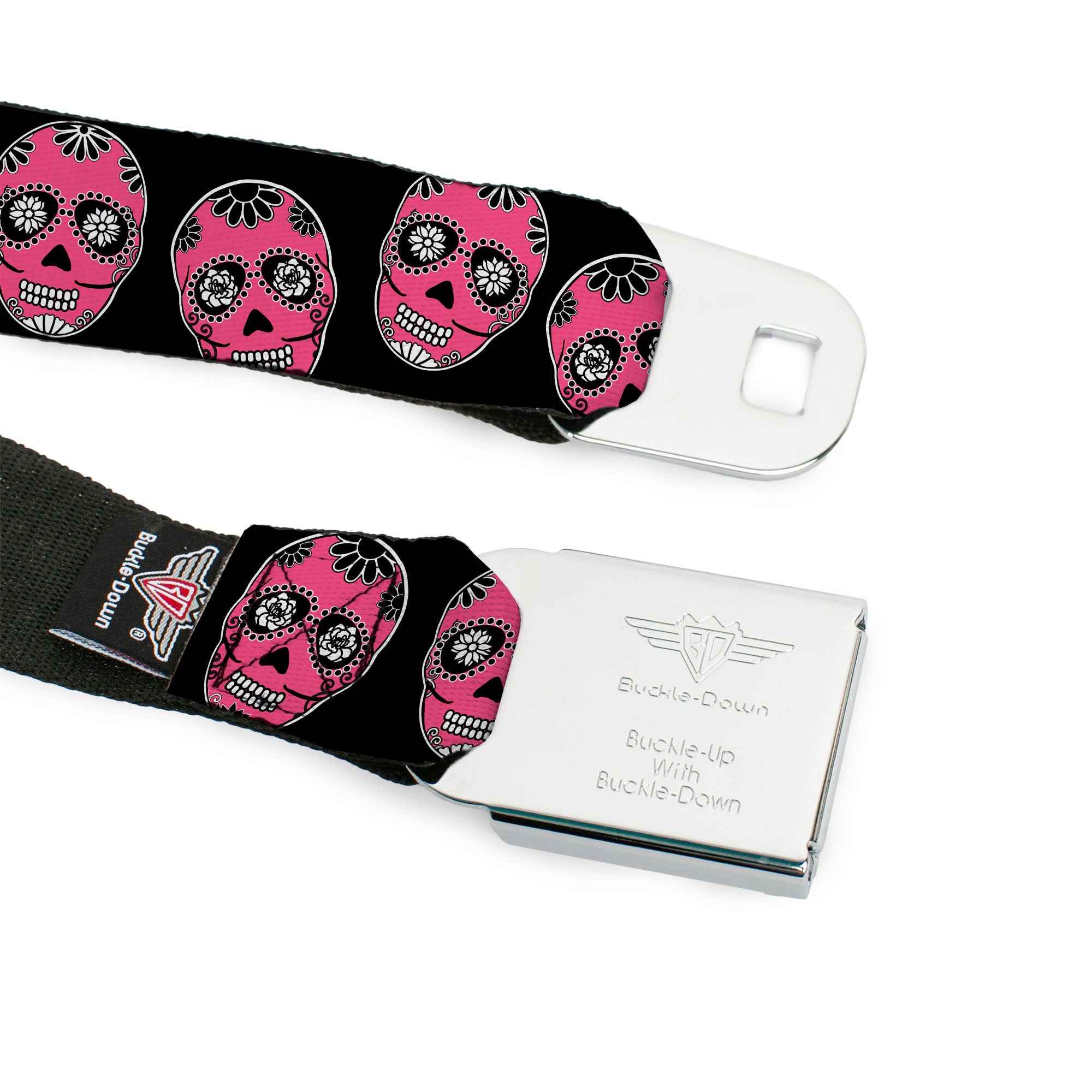 BD Wings Logo CLOSE-UP Black/Silver Seatbelt Belt - Sugar Skulls Black/White/Fuchsia Webbing Seatbelt Belts Buckle-Down