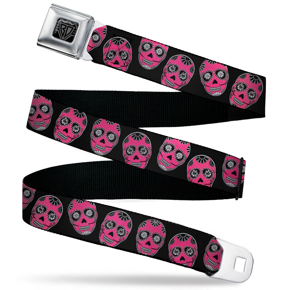 BD Wings Logo CLOSE-UP Black/Silver Seatbelt Belt - Sugar Skulls Black/White/Fuchsia Webbing Seatbelt Belts Buckle-Down