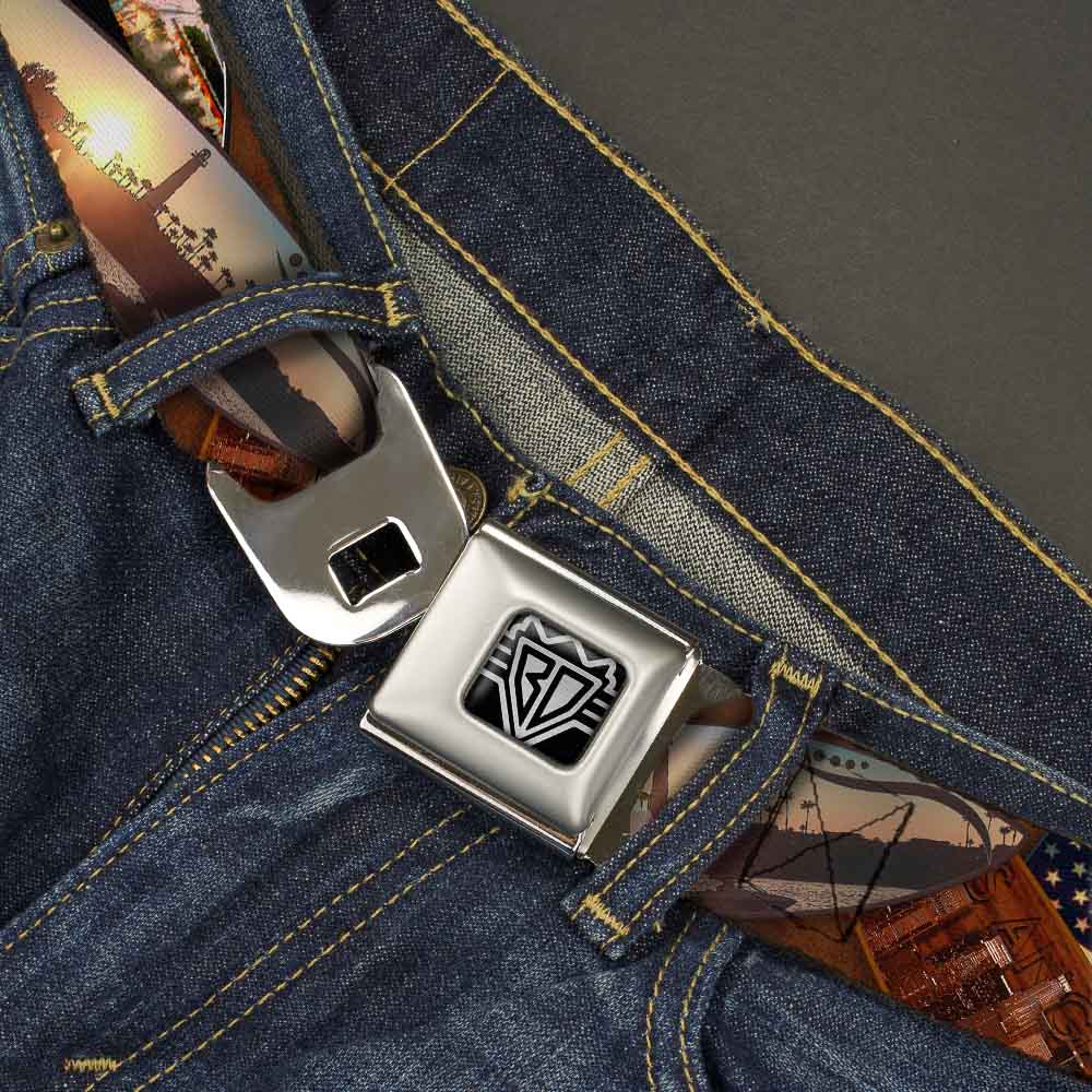 BD Wings Logo CLOSE-UP Full Color Black Silver Seatbelt Belt - Surfboard Cali Scenes/US Flag Stacked Brown Webbing Seatbelt Belts Buckle-Down