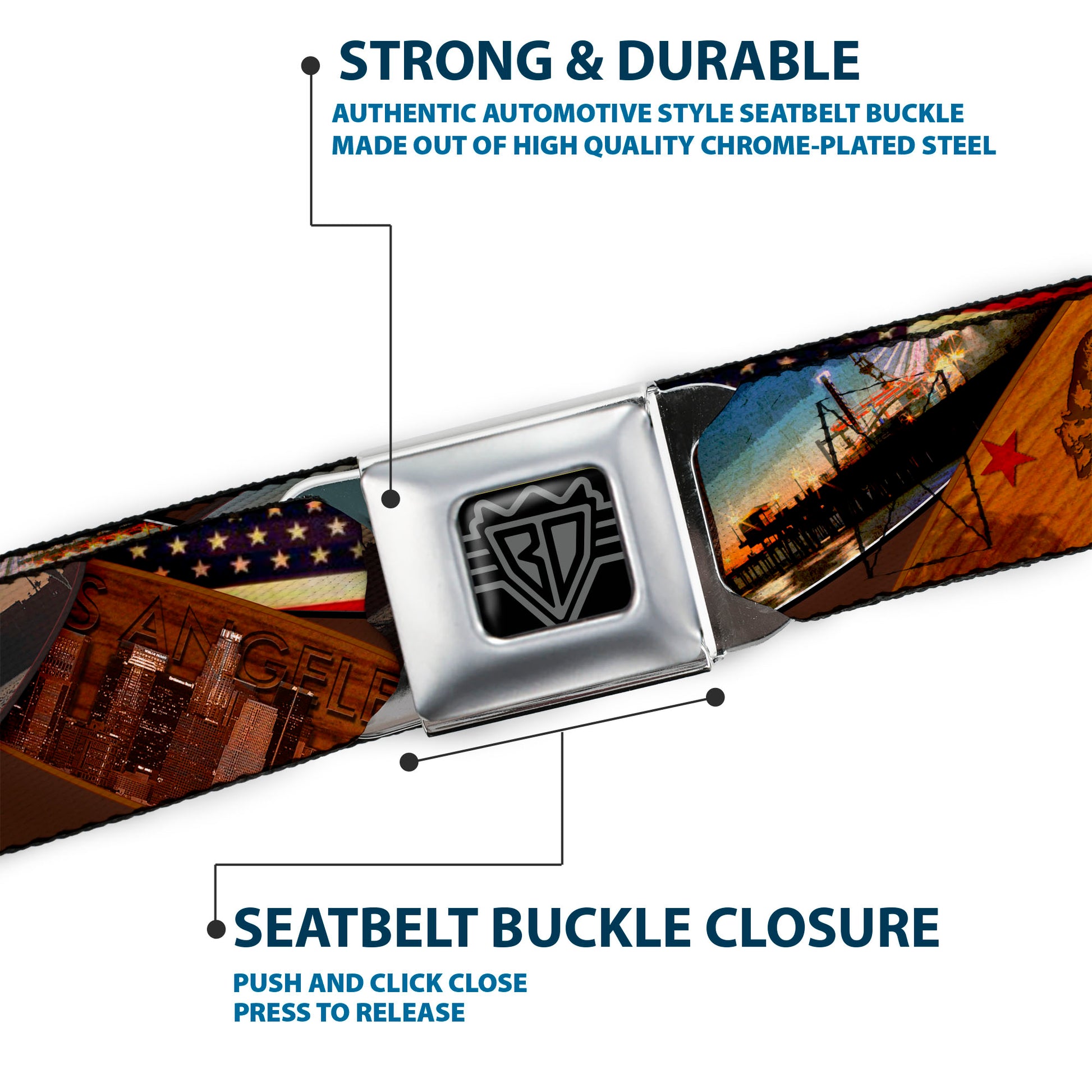 BD Wings Logo CLOSE-UP Full Color Black Silver Seatbelt Belt - Surfboard Cali Scenes/US Flag Stacked Brown Webbing Seatbelt Belts Buckle-Down