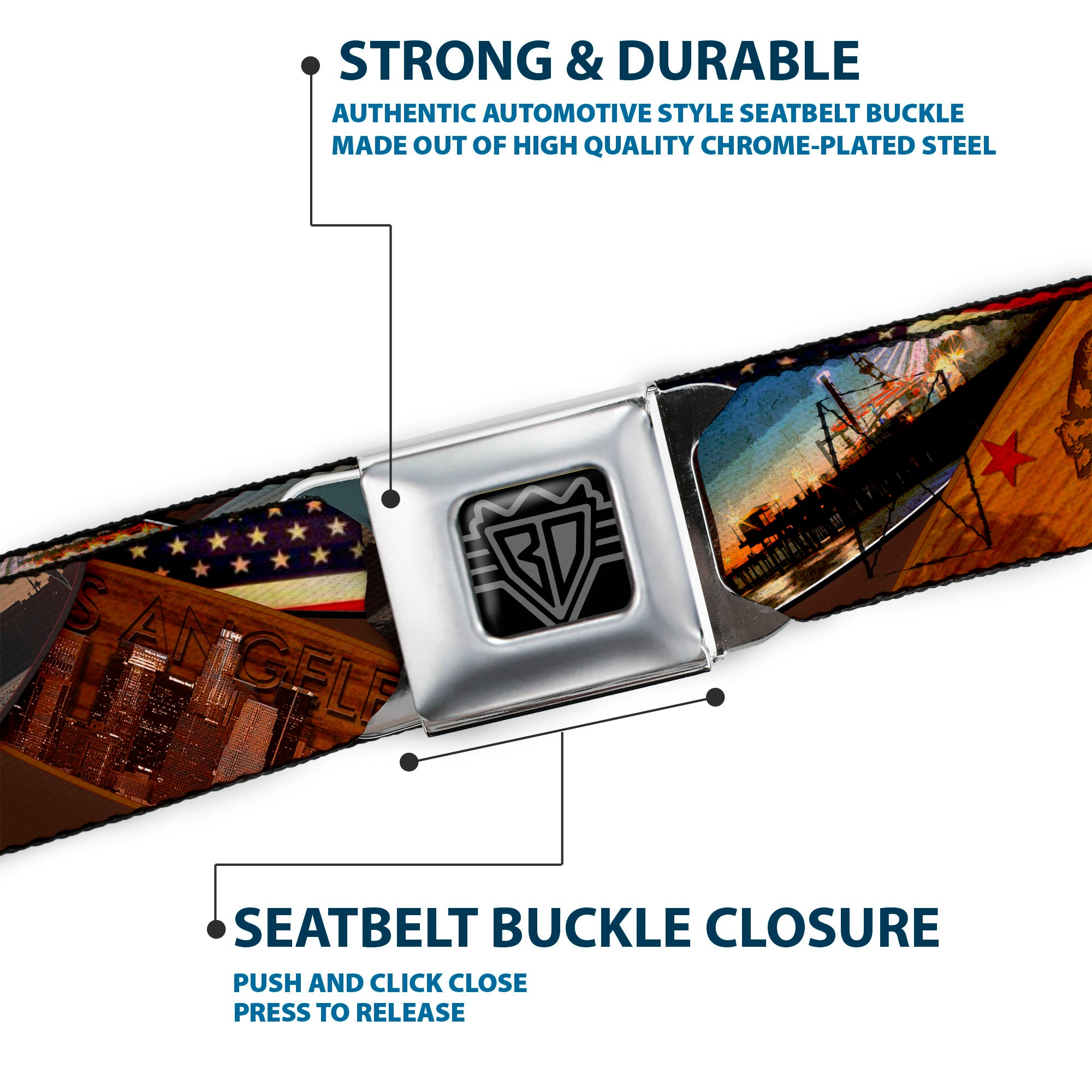 BD Wings Logo CLOSE-UP Full Color Black Silver Seatbelt Belt - Surfboard Cali Scenes/US Flag Stacked Brown Webbing Seatbelt Belts Buckle-Down