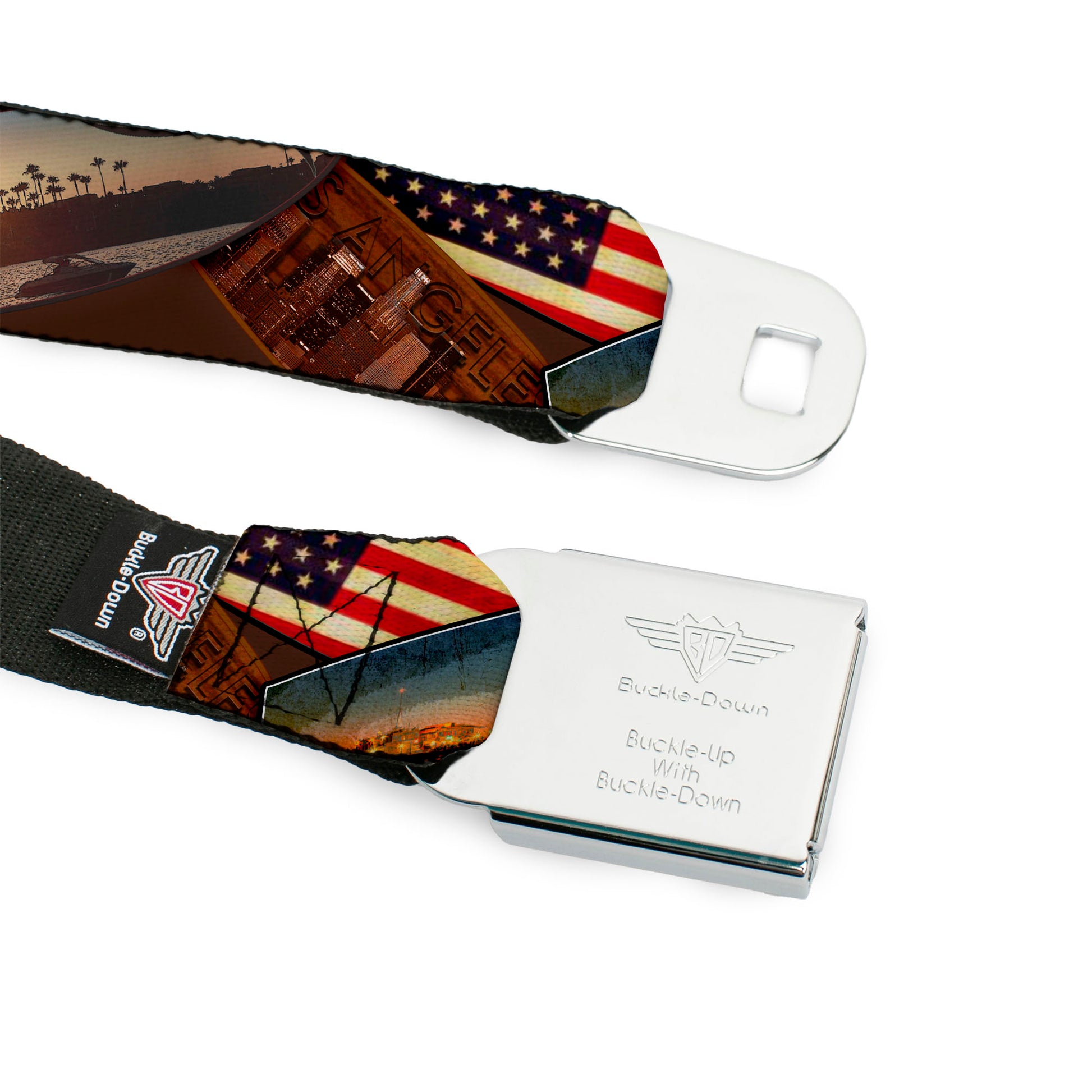 BD Wings Logo CLOSE-UP Full Color Black Silver Seatbelt Belt - Surfboard Cali Scenes/US Flag Stacked Brown Webbing Seatbelt Belts Buckle-Down