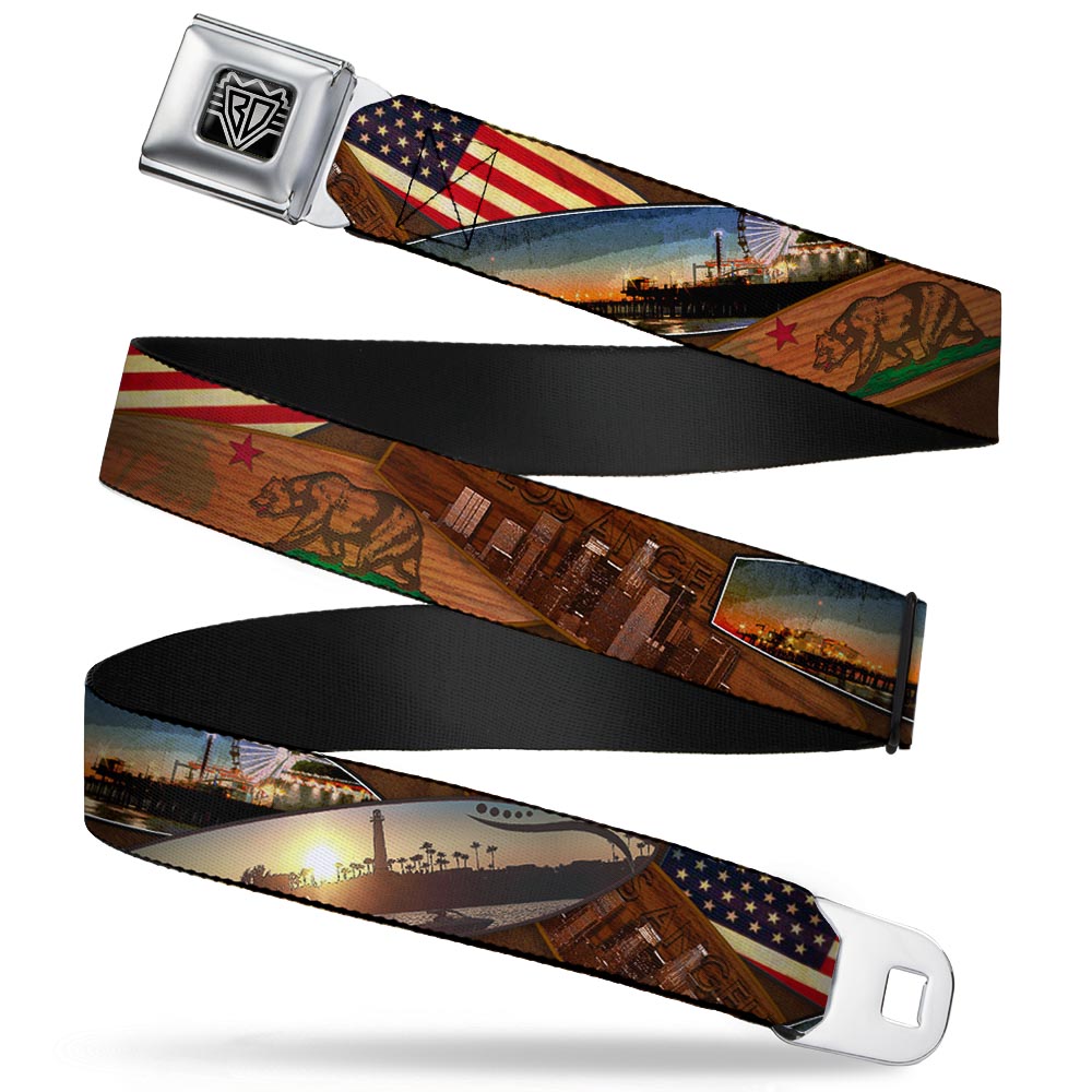 BD Wings Logo CLOSE-UP Full Color Black Silver Seatbelt Belt - Surfboard Cali Scenes/US Flag Stacked Brown Webbing Seatbelt Belts Buckle-Down