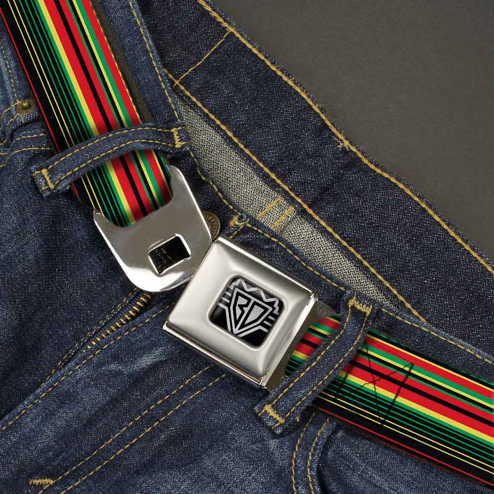 BD Wings Logo CLOSE-UP Full Color Black Silver Seatbelt Belt - Stripe Transitions Black/Red/Green/Yellow Webbing Seatbelt Belts Buckle-Down