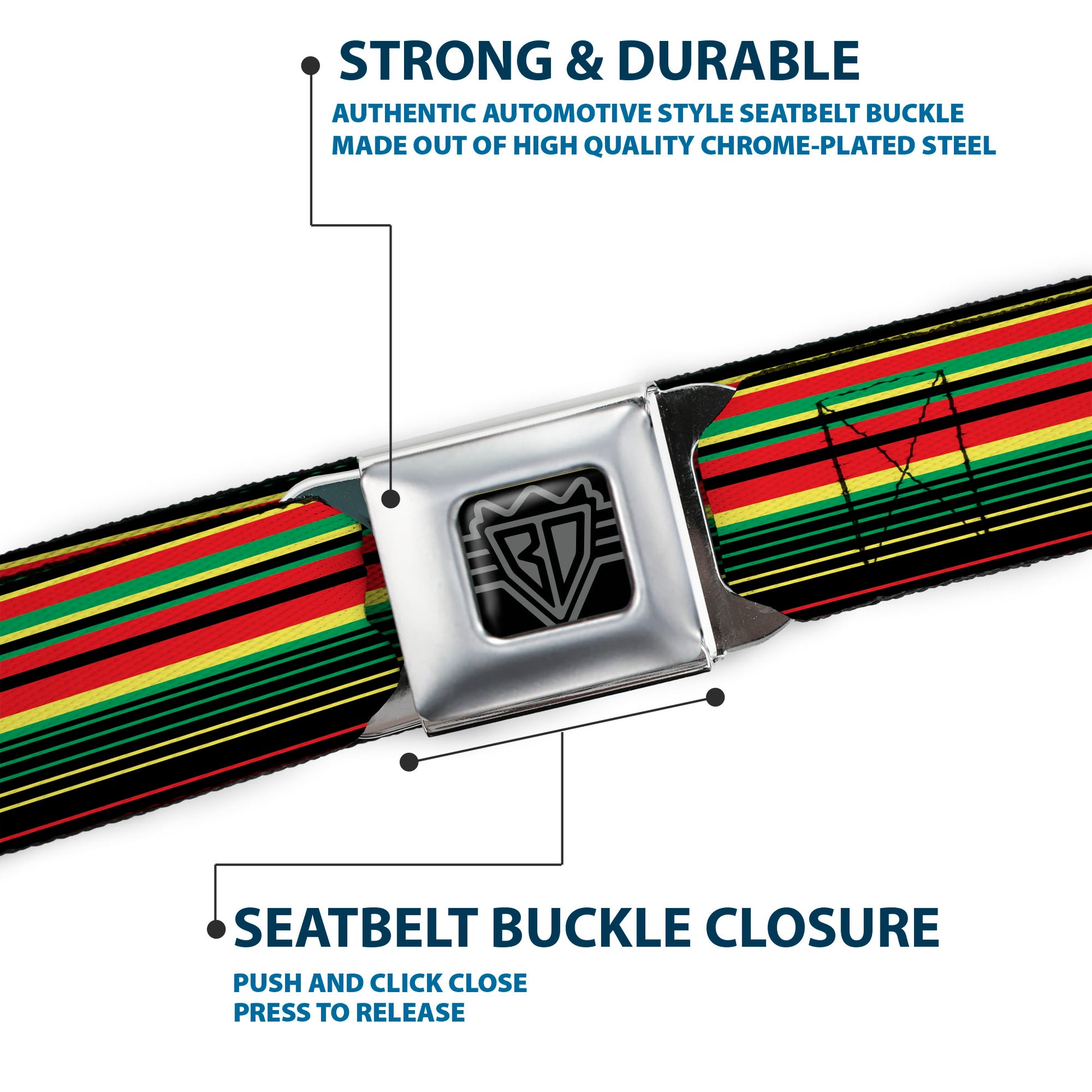 BD Wings Logo CLOSE-UP Full Color Black Silver Seatbelt Belt - Stripe Transitions Black/Red/Green/Yellow Webbing Seatbelt Belts Buckle-Down
