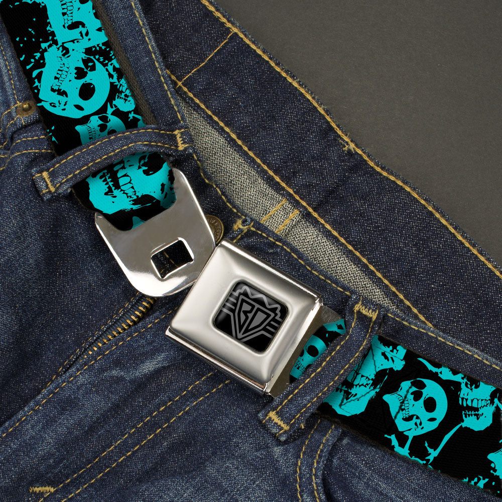 BD Wings Logo CLOSE-UP Black/Silver Seatbelt Belt - Skulls Stacked Weathered Black/Teal Webbing Seatbelt Belts Buckle-Down