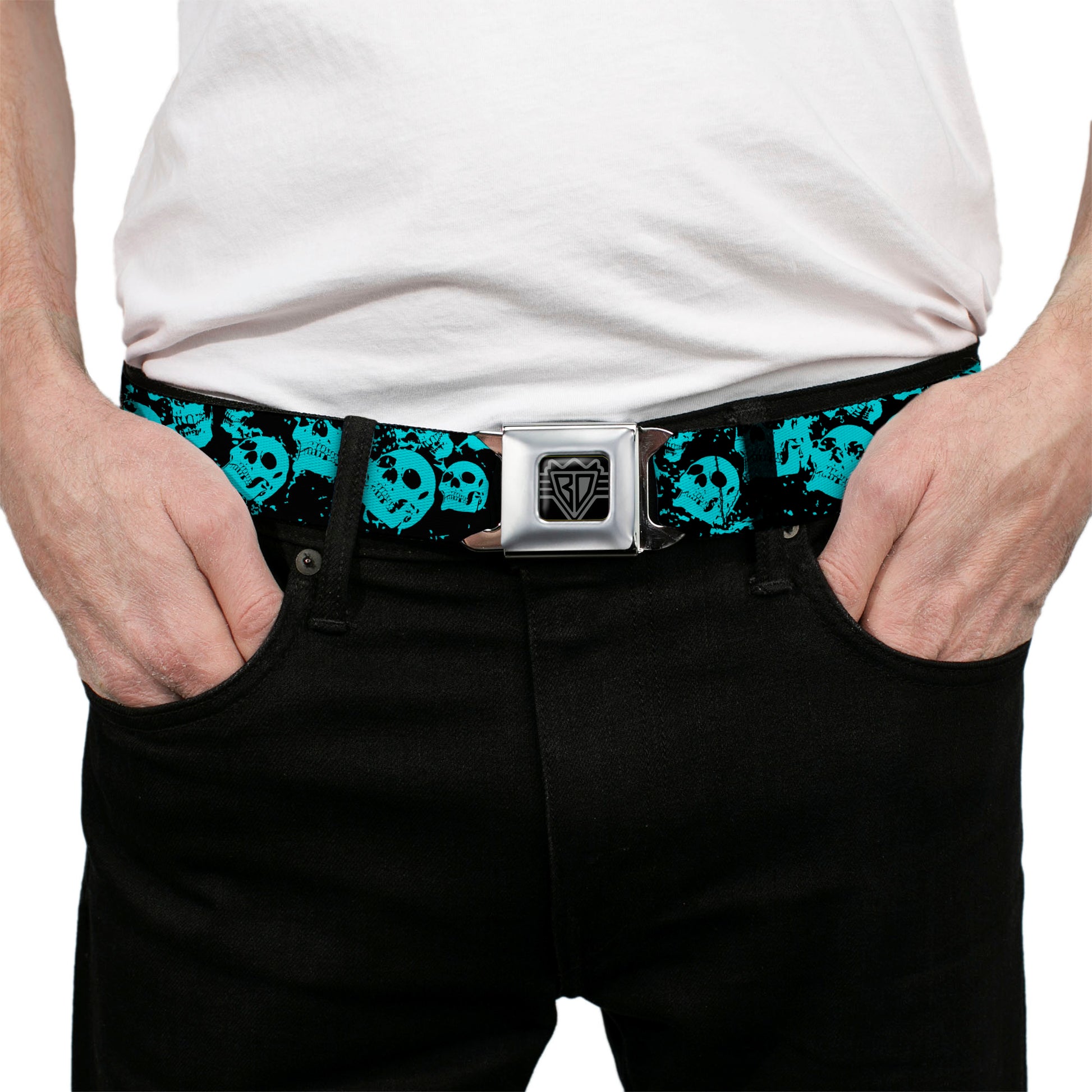 BD Wings Logo CLOSE-UP Black/Silver Seatbelt Belt - Skulls Stacked Weathered Black/Teal Webbing Seatbelt Belts Buckle-Down