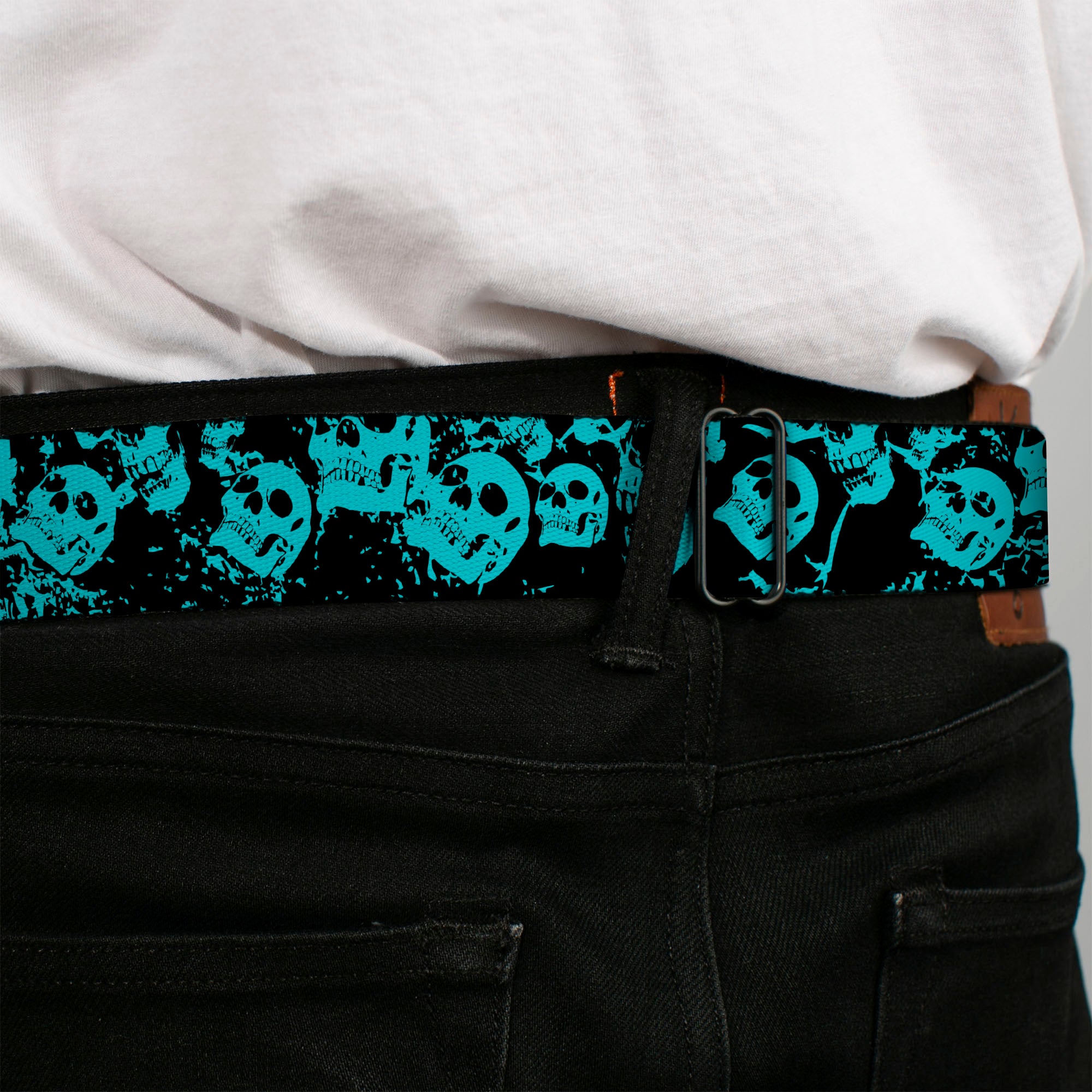 BD Wings Logo CLOSE-UP Black/Silver Seatbelt Belt - Skulls Stacked Weathered Black/Teal Webbing Seatbelt Belts Buckle-Down