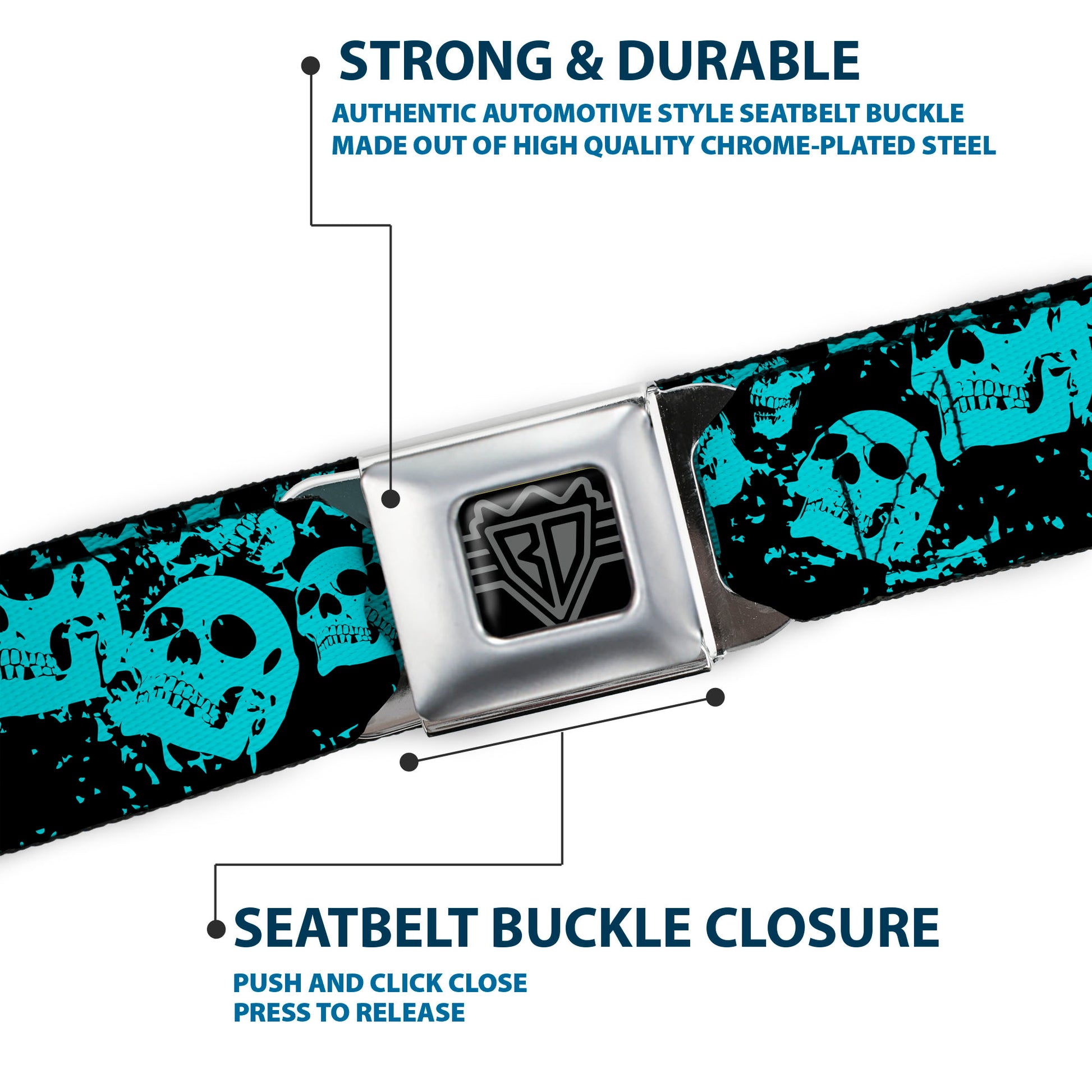 BD Wings Logo CLOSE-UP Black/Silver Seatbelt Belt - Skulls Stacked Weathered Black/Teal Webbing Seatbelt Belts Buckle-Down