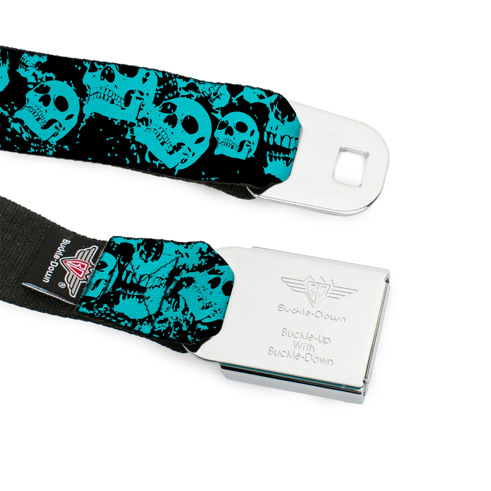 BD Wings Logo CLOSE-UP Black/Silver Seatbelt Belt - Skulls Stacked Weathered Black/Teal Webbing Seatbelt Belts Buckle-Down