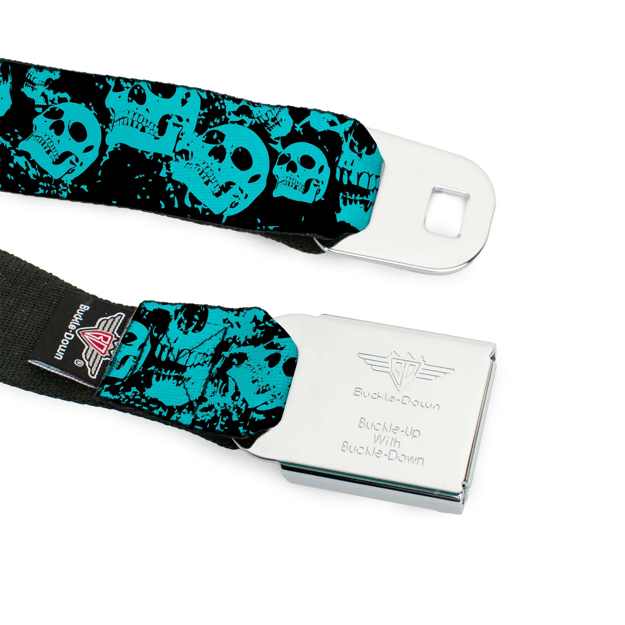 BD Wings Logo CLOSE-UP Black/Silver Seatbelt Belt - Skulls Stacked Weathered Black/Teal Webbing Seatbelt Belts Buckle-Down