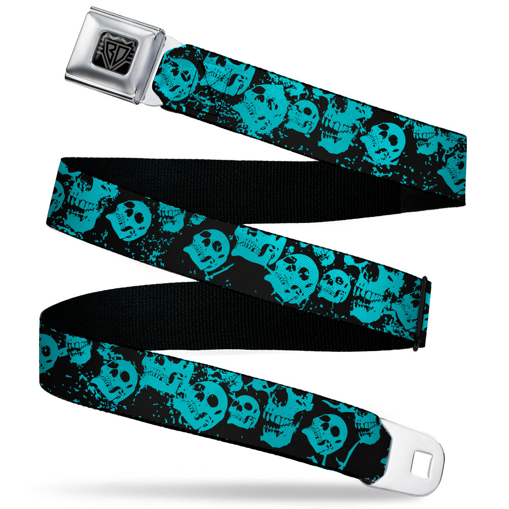 BD Wings Logo CLOSE-UP Black/Silver Seatbelt Belt - Skulls Stacked Weathered Black/Teal Webbing Seatbelt Belts Buckle-Down