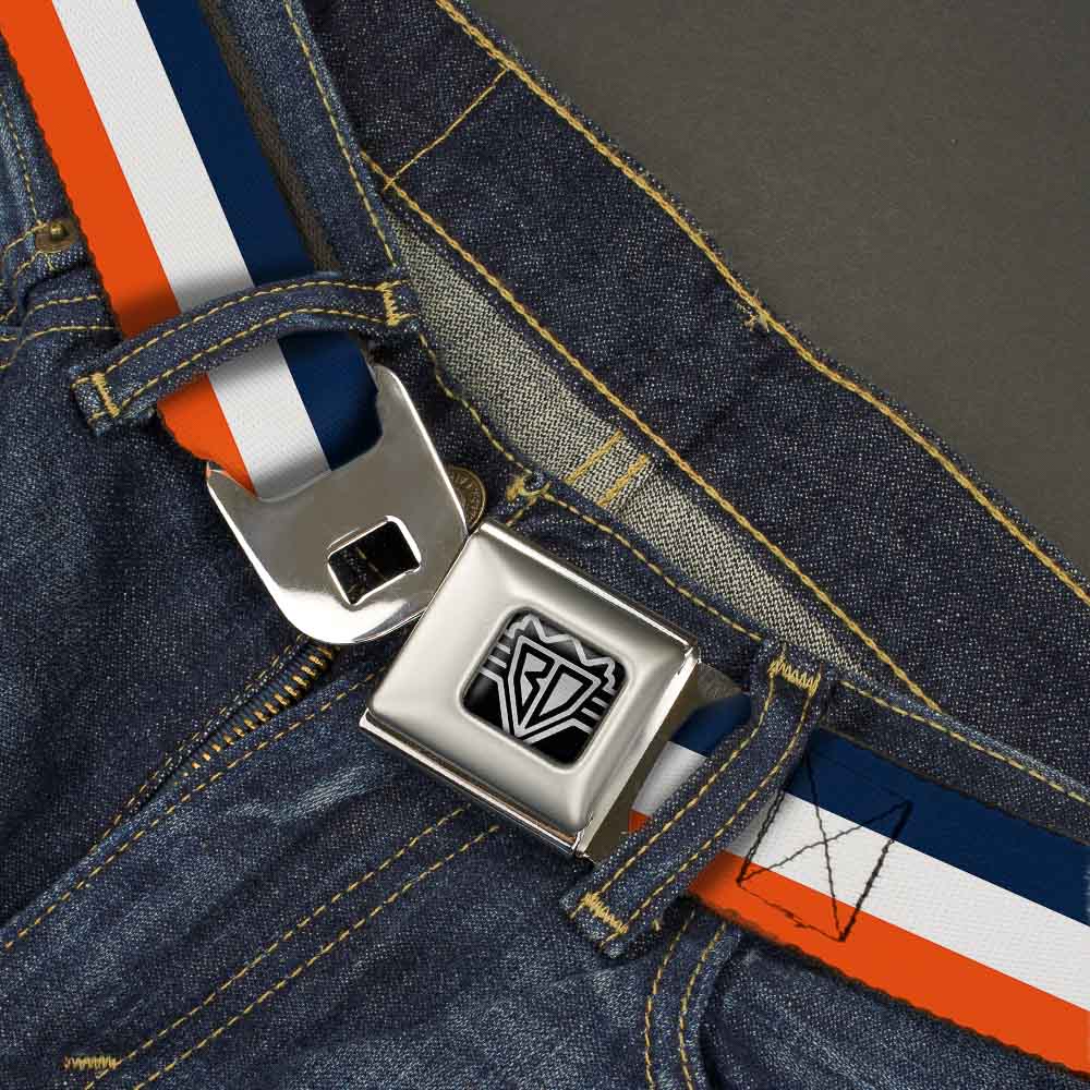 BD Wings Logo CLOSE-UP Full Color Black Silver Seatbelt Belt - Stripe Navy/White/Orange Webbing Seatbelt Belts Buckle-Down