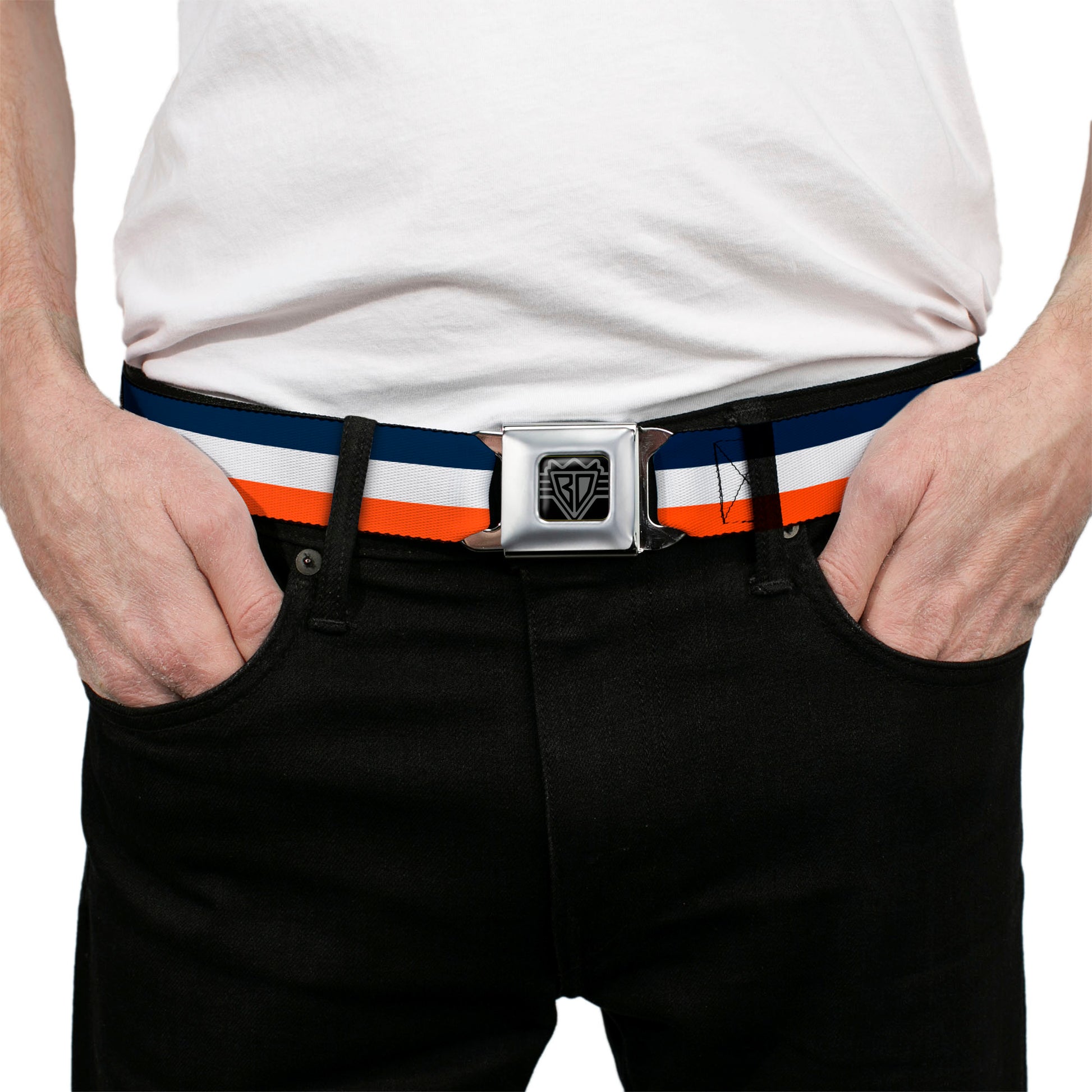 BD Wings Logo CLOSE-UP Full Color Black Silver Seatbelt Belt - Stripe Navy/White/Orange Webbing Seatbelt Belts Buckle-Down