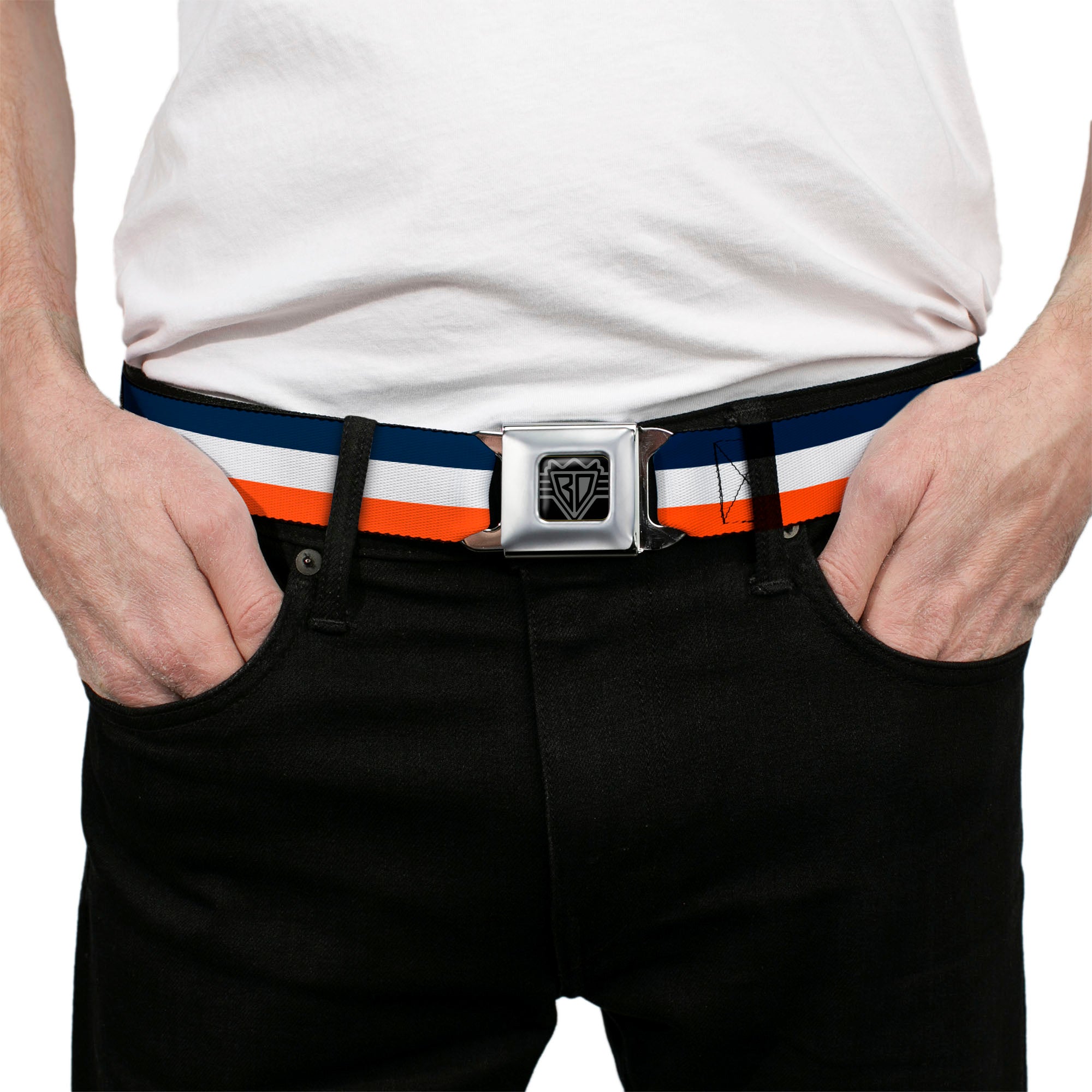 BD Wings Logo CLOSE-UP Full Color Black Silver Seatbelt Belt - Stripe Navy/White/Orange Webbing Seatbelt Belts Buckle-Down