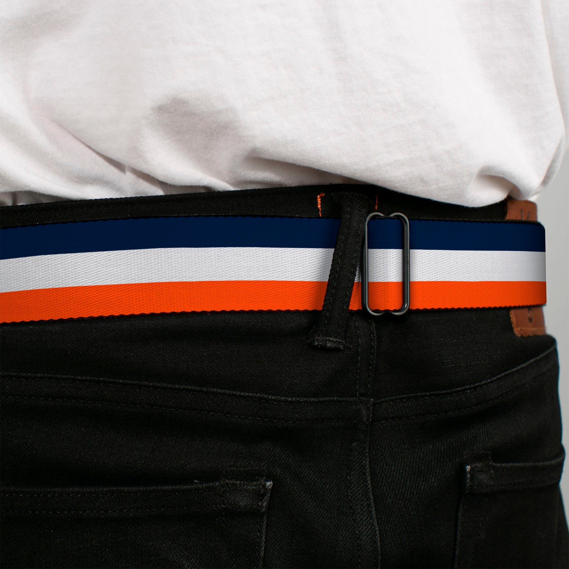 BD Wings Logo CLOSE-UP Full Color Black Silver Seatbelt Belt - Stripe Navy/White/Orange Webbing Seatbelt Belts Buckle-Down