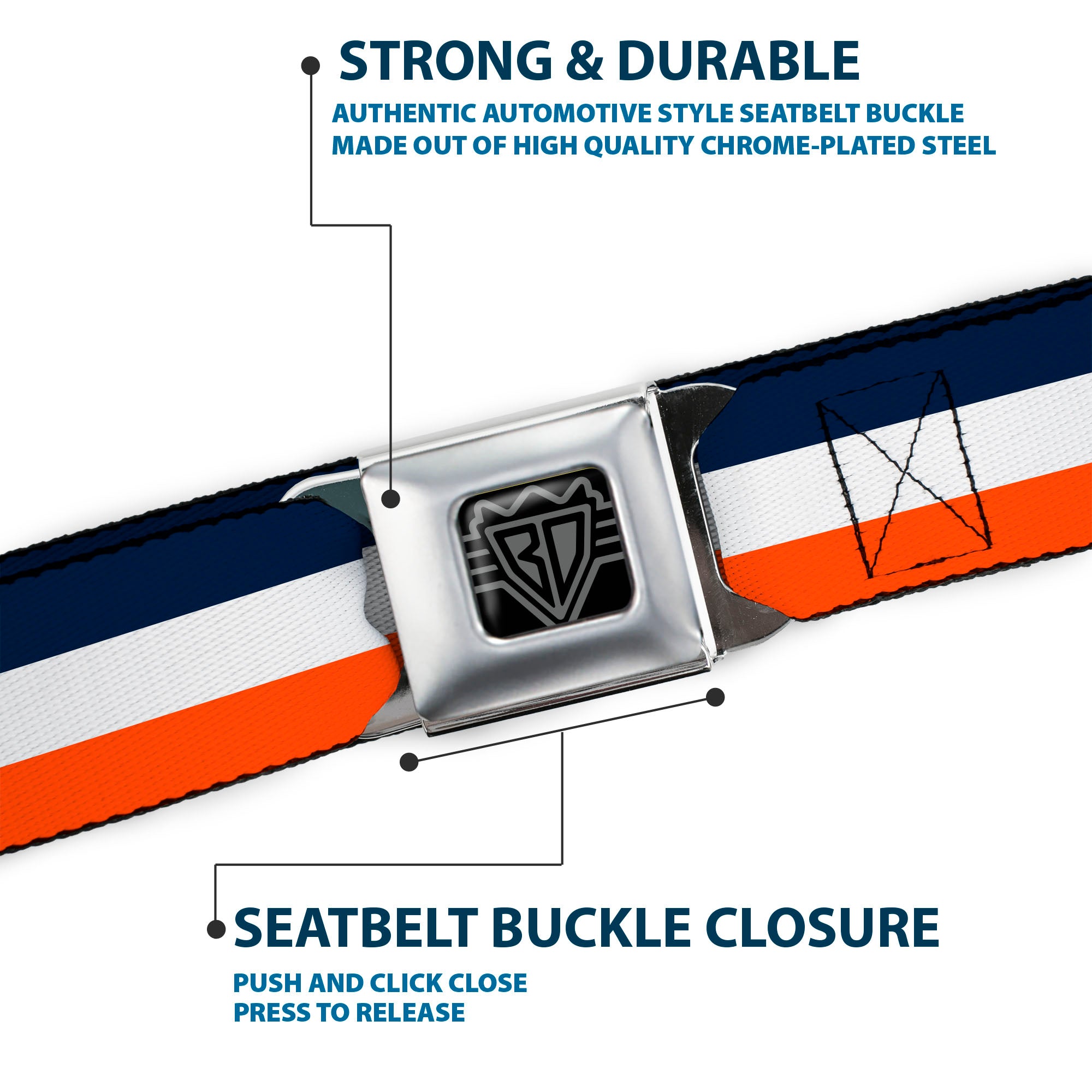 BD Wings Logo CLOSE-UP Full Color Black Silver Seatbelt Belt - Stripe Navy/White/Orange Webbing Seatbelt Belts Buckle-Down