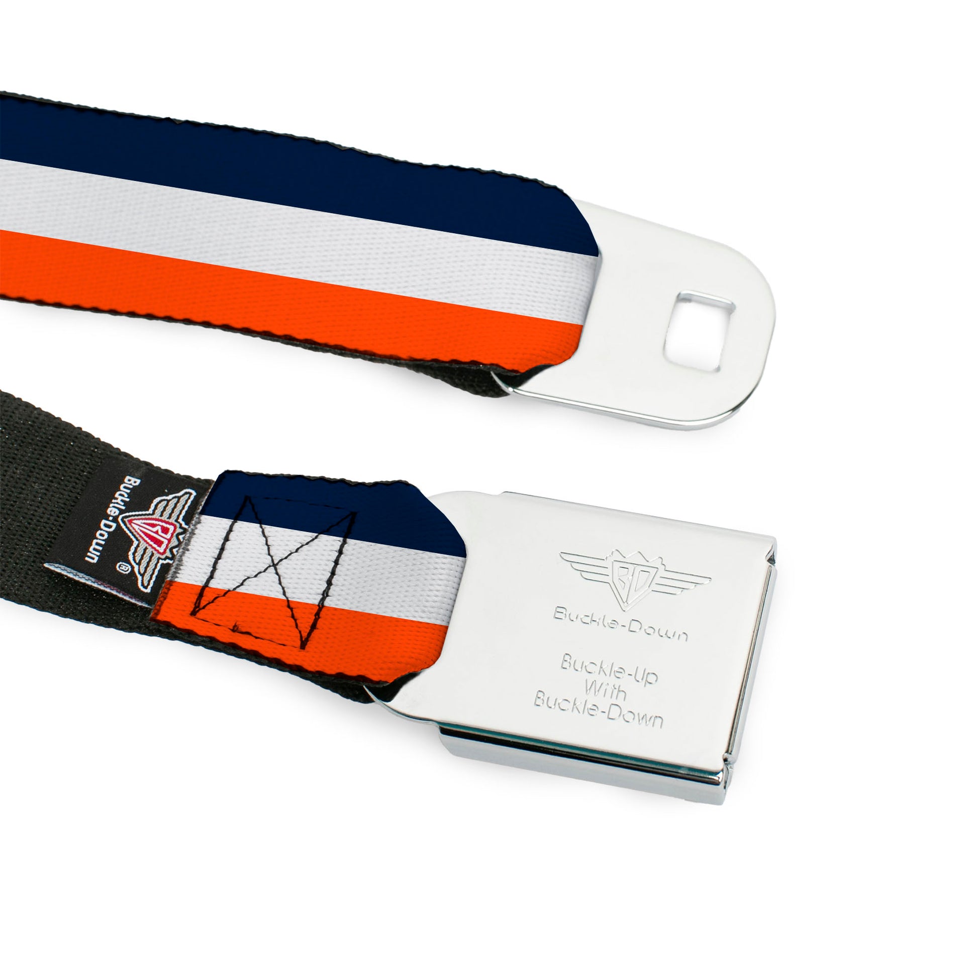 BD Wings Logo CLOSE-UP Full Color Black Silver Seatbelt Belt - Stripe Navy/White/Orange Webbing Seatbelt Belts Buckle-Down