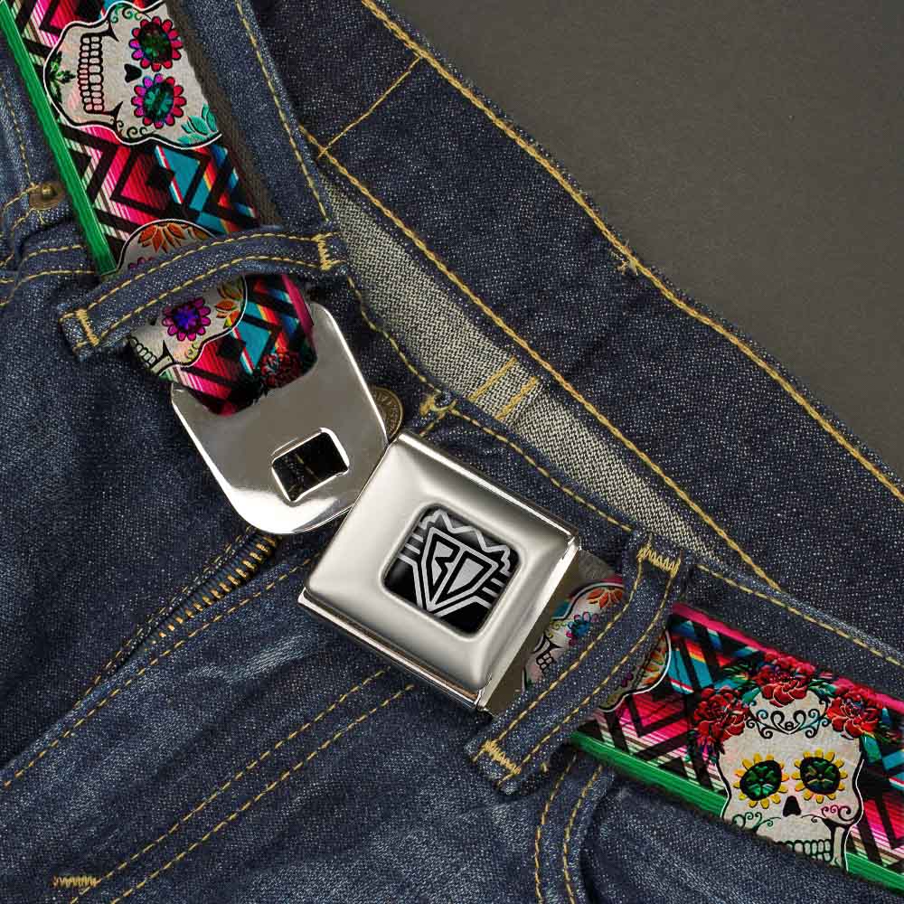 BD Wings Logo CLOSE-UP Full Color Black Silver Seatbelt Belt - Sugar Skulls Zarape Multi Color Webbing Seatbelt Belts Buckle-Down