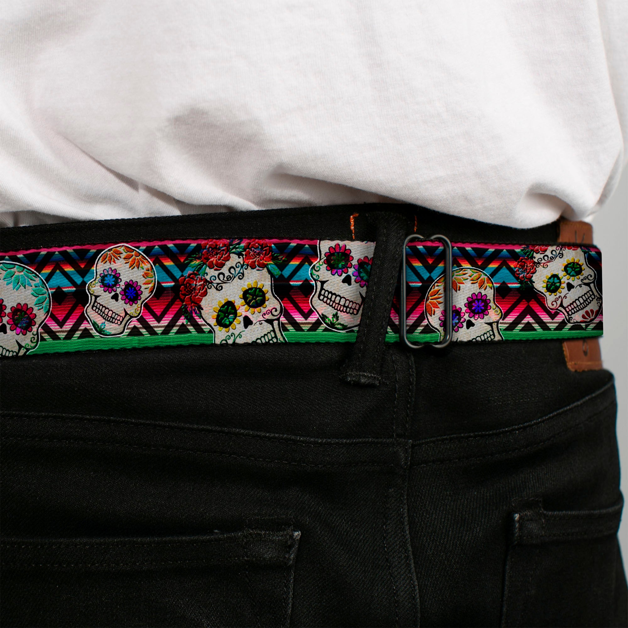 BD Wings Logo CLOSE-UP Full Color Black Silver Seatbelt Belt - Sugar Skulls Zarape Multi Color Webbing Seatbelt Belts Buckle-Down