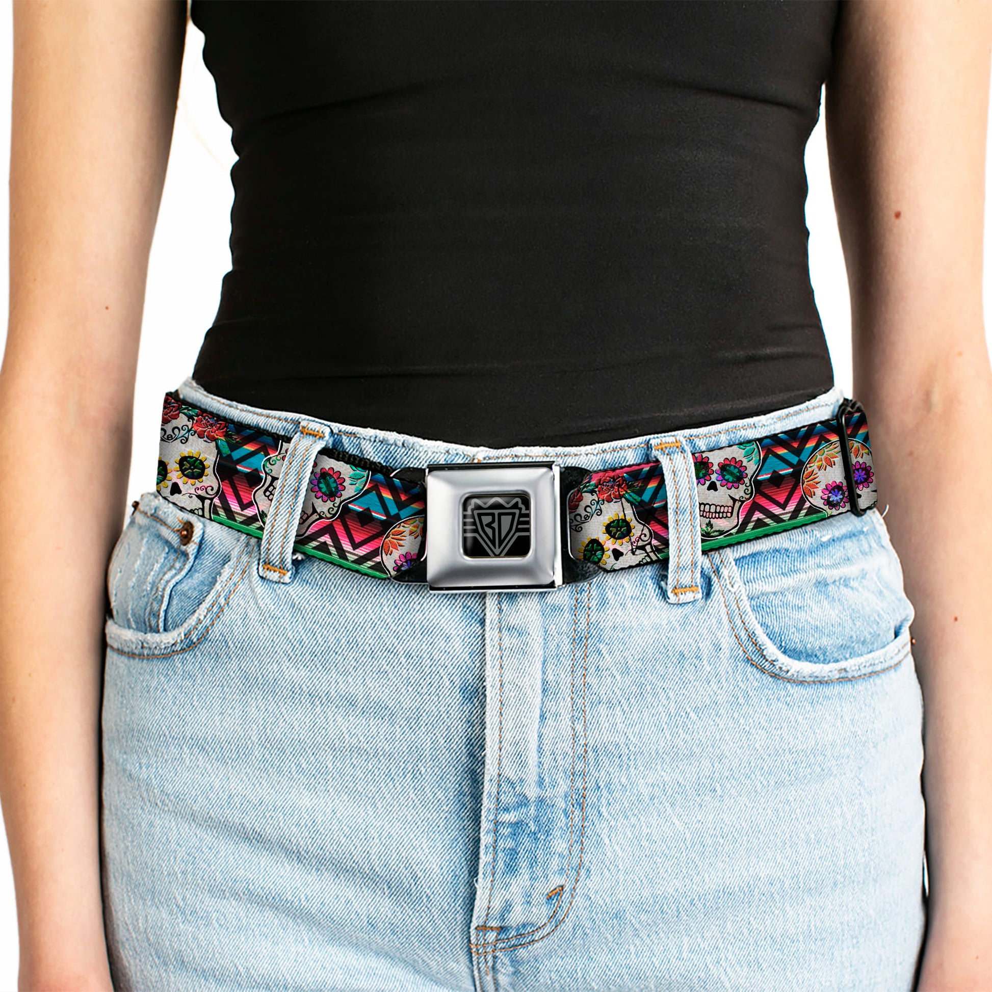 BD Wings Logo CLOSE-UP Full Color Black Silver Seatbelt Belt - Sugar Skulls Zarape Multi Color Webbing Seatbelt Belts Buckle-Down