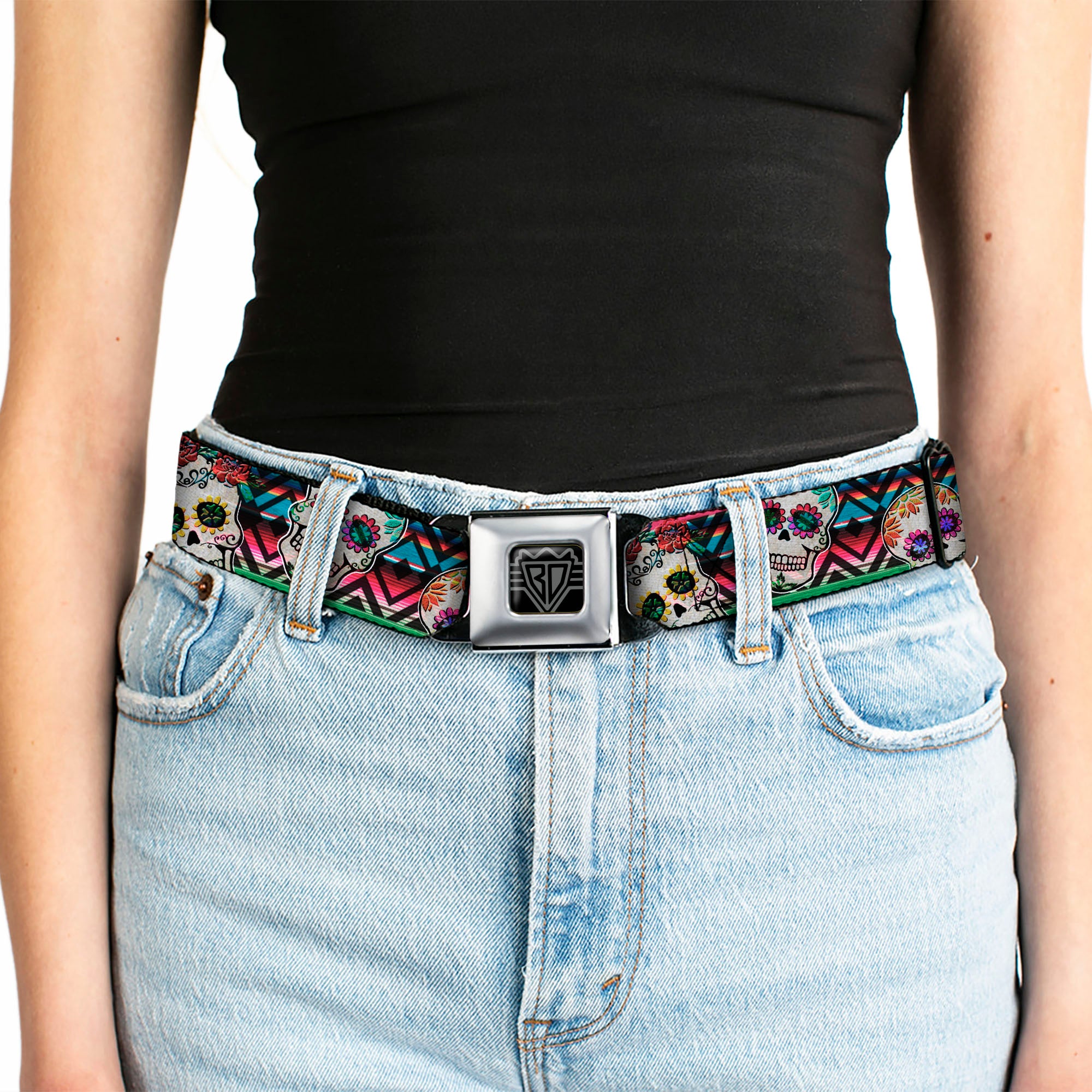 BD Wings Logo CLOSE-UP Full Color Black Silver Seatbelt Belt - Sugar Skulls Zarape Multi Color Webbing Seatbelt Belts Buckle-Down