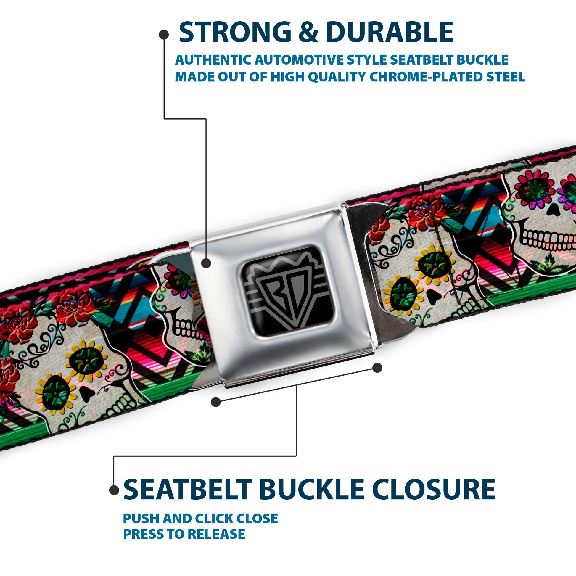 BD Wings Logo CLOSE-UP Full Color Black Silver Seatbelt Belt - Sugar Skulls Zarape Multi Color Webbing Seatbelt Belts Buckle-Down