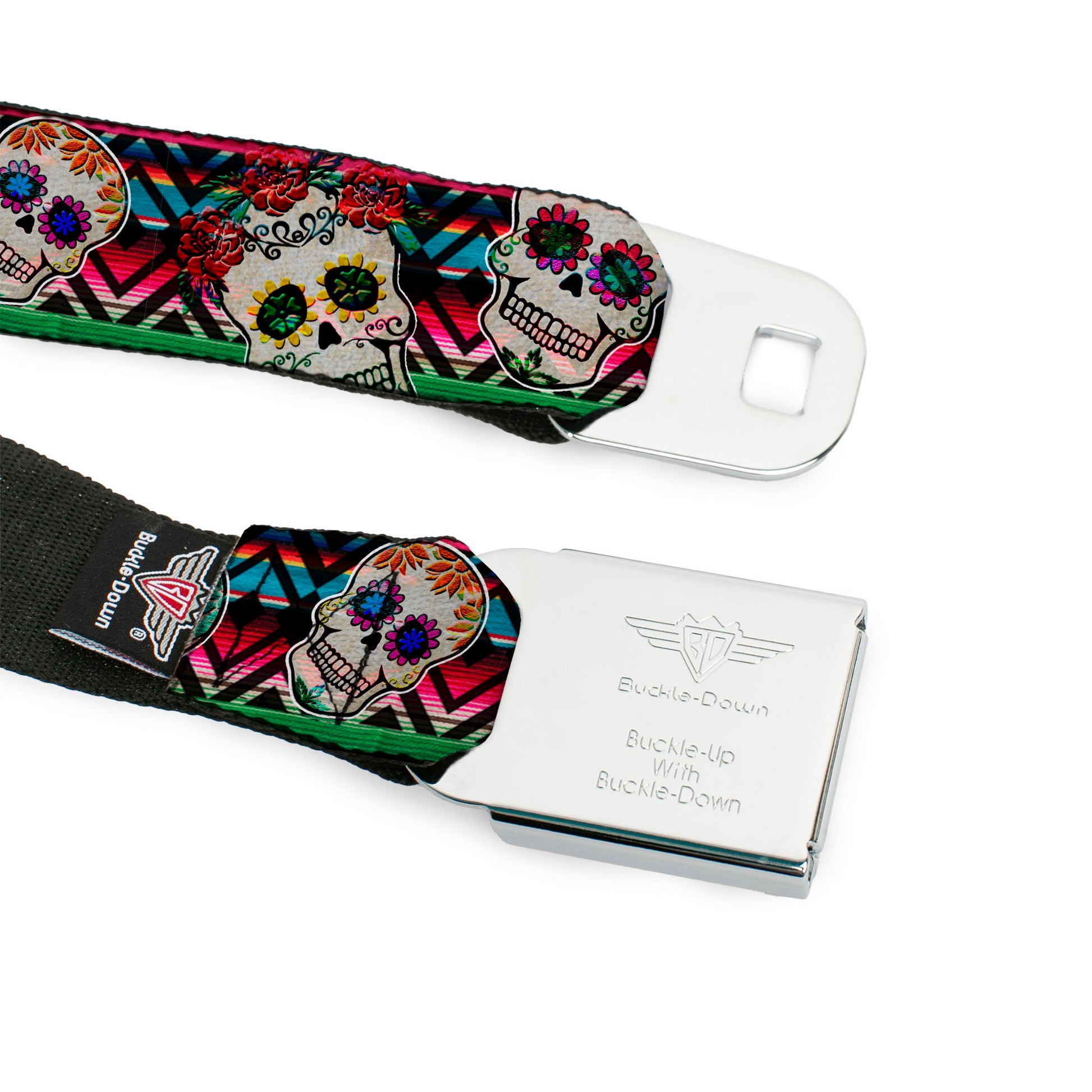 BD Wings Logo CLOSE-UP Full Color Black Silver Seatbelt Belt - Sugar Skulls Zarape Multi Color Webbing Seatbelt Belts Buckle-Down