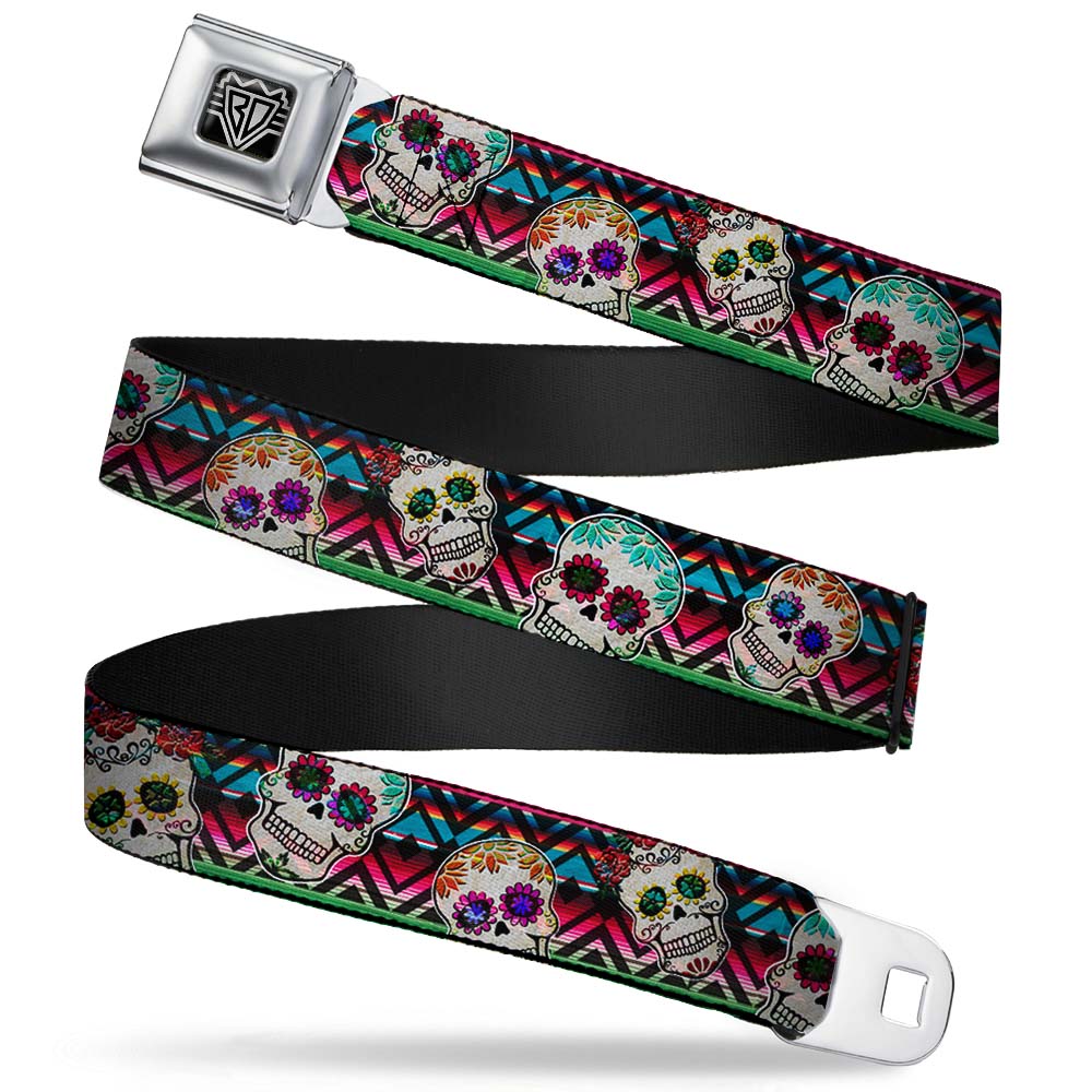 BD Wings Logo CLOSE-UP Full Color Black Silver Seatbelt Belt - Sugar Skulls Zarape Multi Color Webbing Seatbelt Belts Buckle-Down