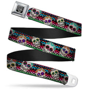 BD Wings Logo CLOSE-UP Full Color Black Silver Seatbelt Belt - Sugar Skulls Zarape Multi Color Webbing Seatbelt Belts Buckle-Down