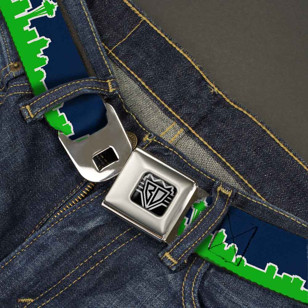 BD Wings Logo CLOSE-UP Full Color Black Silver Seatbelt Belt - Seattle Skyline Navy/Lime Green Webbing Seatbelt Belts Buckle-Down