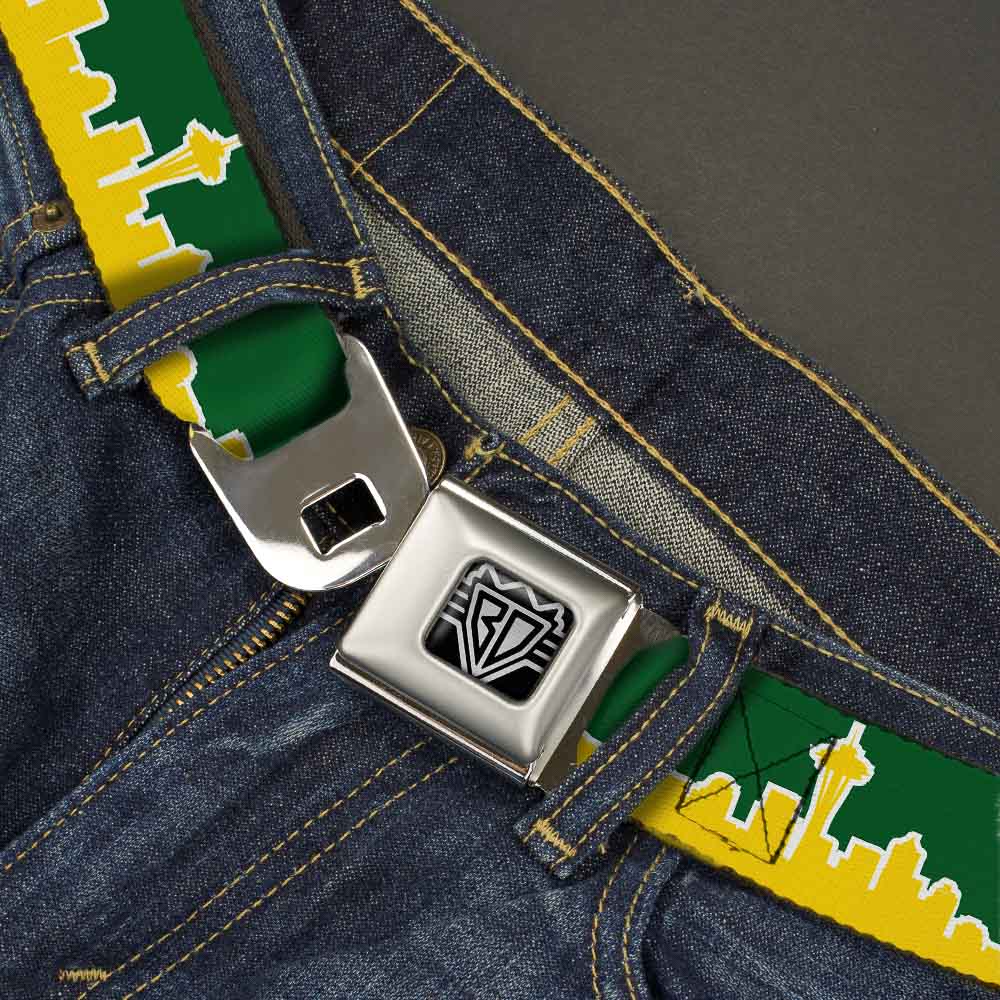 BD Wings Logo CLOSE-UP Full Color Black Silver Seatbelt Belt - Seattle Skyline Green/Yellow Webbing Seatbelt Belts Buckle-Down