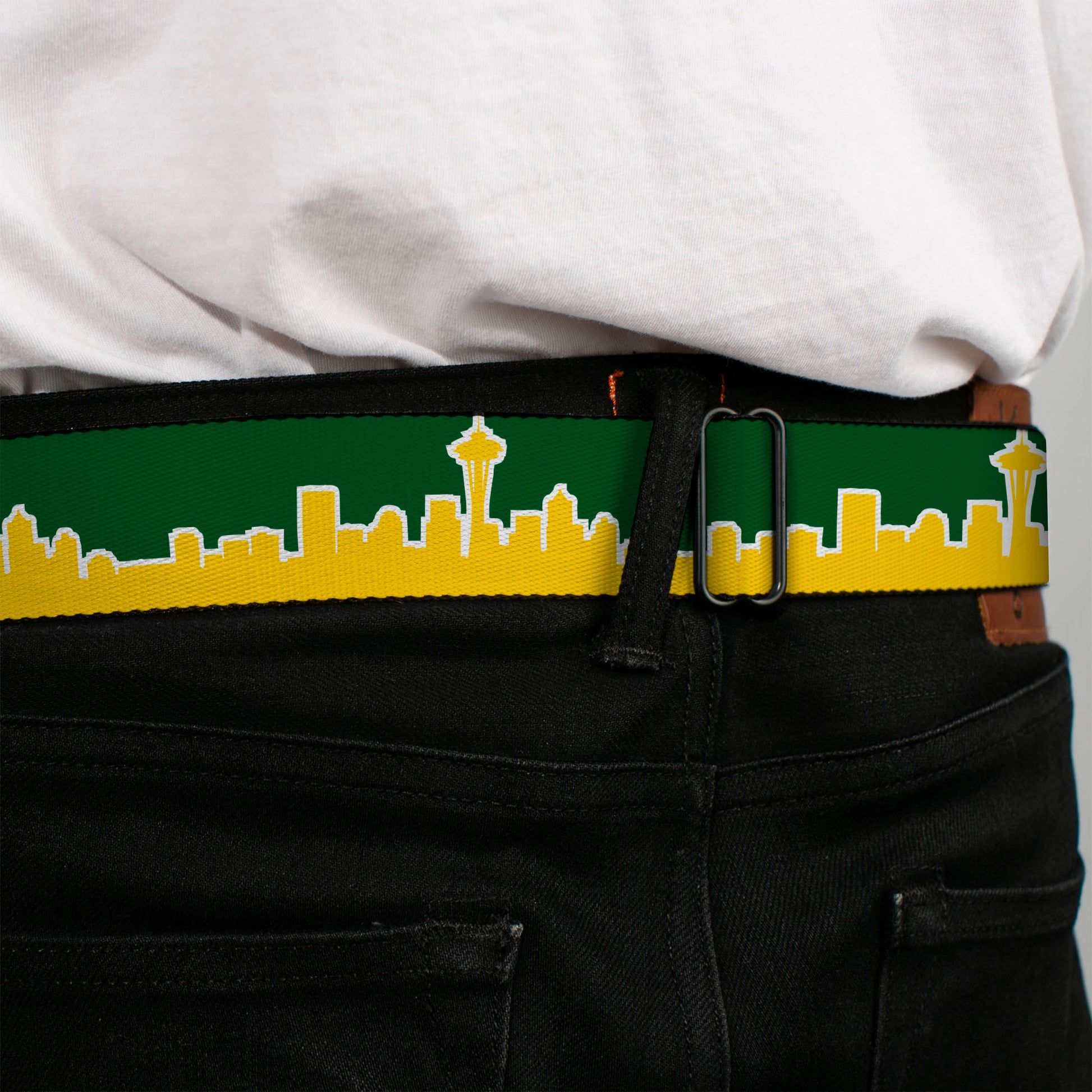 BD Wings Logo CLOSE-UP Full Color Black Silver Seatbelt Belt - Seattle Skyline Green/Yellow Webbing Seatbelt Belts Buckle-Down