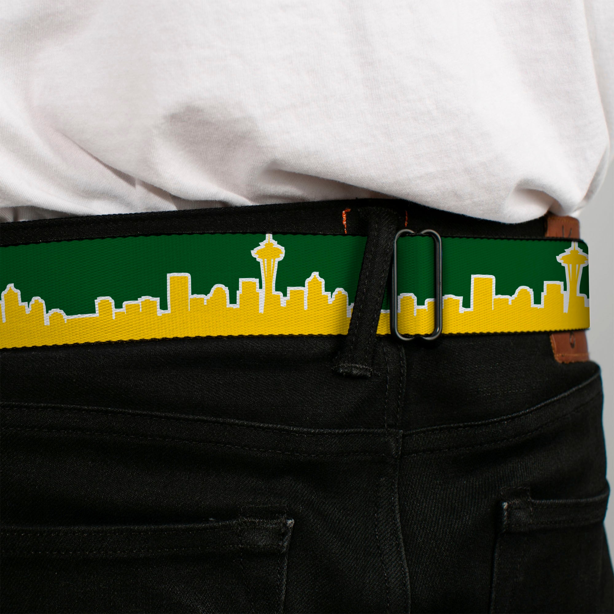 BD Wings Logo CLOSE-UP Full Color Black Silver Seatbelt Belt - Seattle Skyline Green/Yellow Webbing Seatbelt Belts Buckle-Down