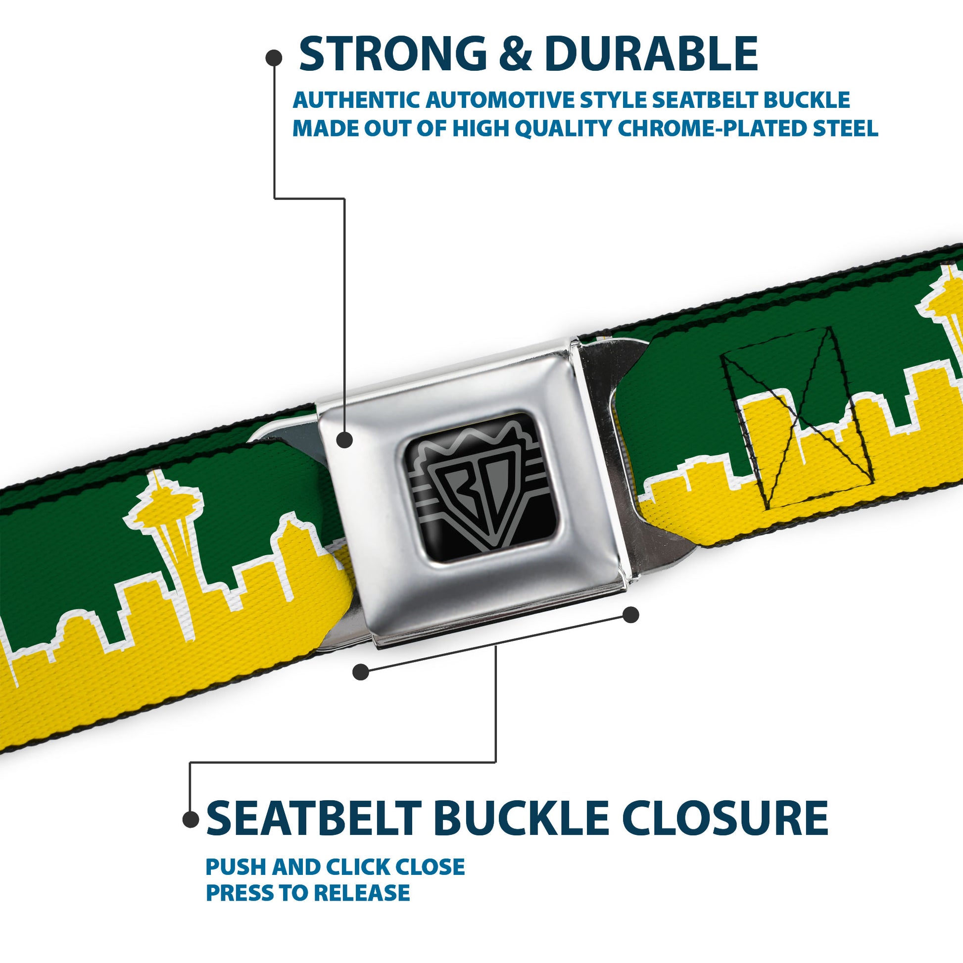 BD Wings Logo CLOSE-UP Full Color Black Silver Seatbelt Belt - Seattle Skyline Green/Yellow Webbing Seatbelt Belts Buckle-Down