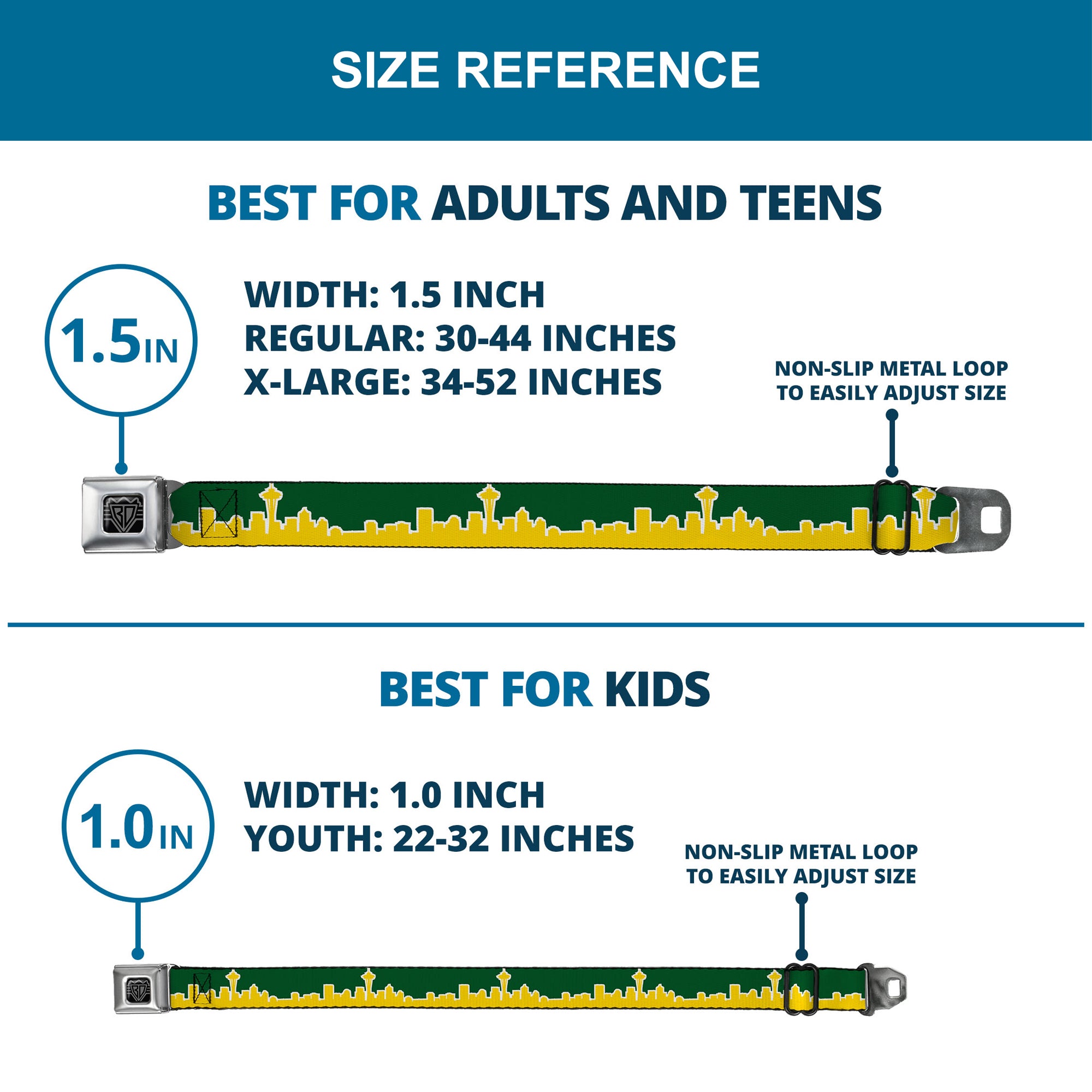 BD Wings Logo CLOSE-UP Full Color Black Silver Seatbelt Belt - Seattle Skyline Green/Yellow Webbing Seatbelt Belts Buckle-Down
