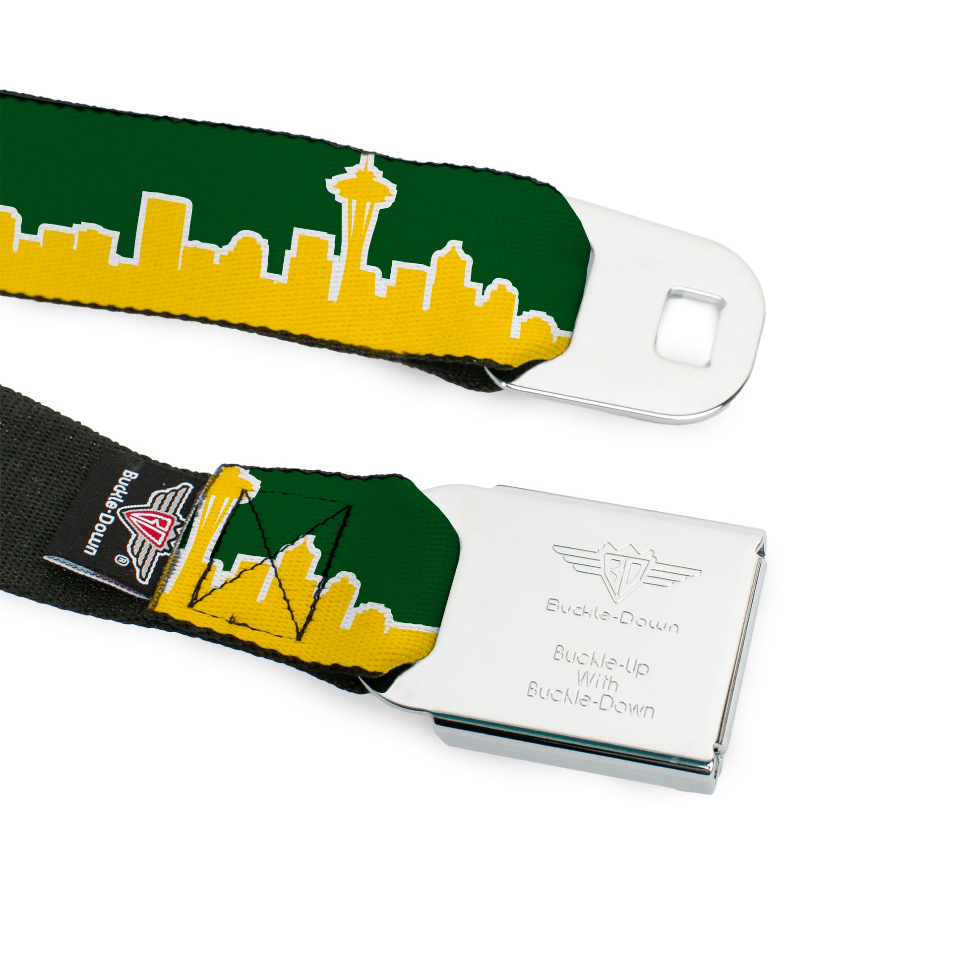 BD Wings Logo CLOSE-UP Full Color Black Silver Seatbelt Belt - Seattle Skyline Green/Yellow Webbing Seatbelt Belts Buckle-Down