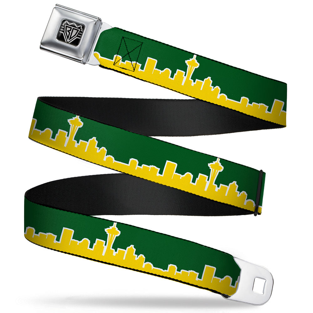 BD Wings Logo CLOSE-UP Full Color Black Silver Seatbelt Belt - Seattle Skyline Green/Yellow Webbing Seatbelt Belts Buckle-Down