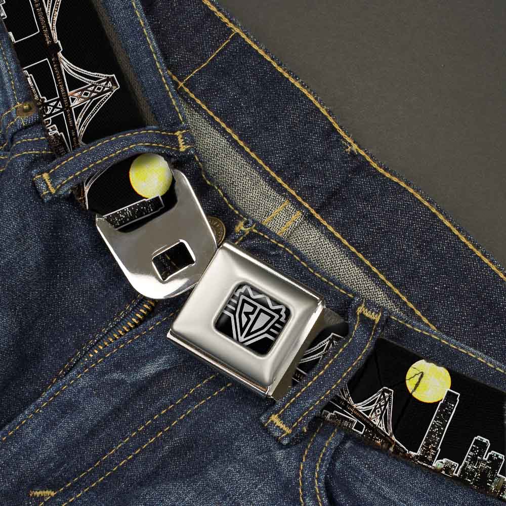 BD Wings Logo CLOSE-UP Full Color Black Silver Seatbelt Belt - San Francisco w/Moon Vivid Skyline Black Webbing Seatbelt Belts Buckle-Down