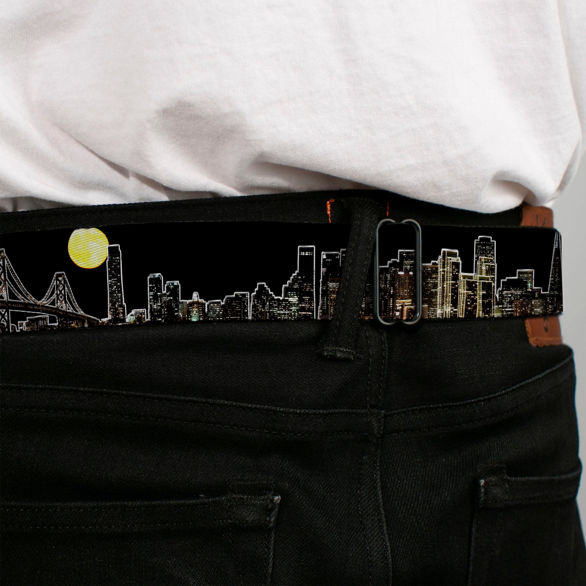 BD Wings Logo CLOSE-UP Full Color Black Silver Seatbelt Belt - San Francisco w/Moon Vivid Skyline Black Webbing Seatbelt Belts Buckle-Down