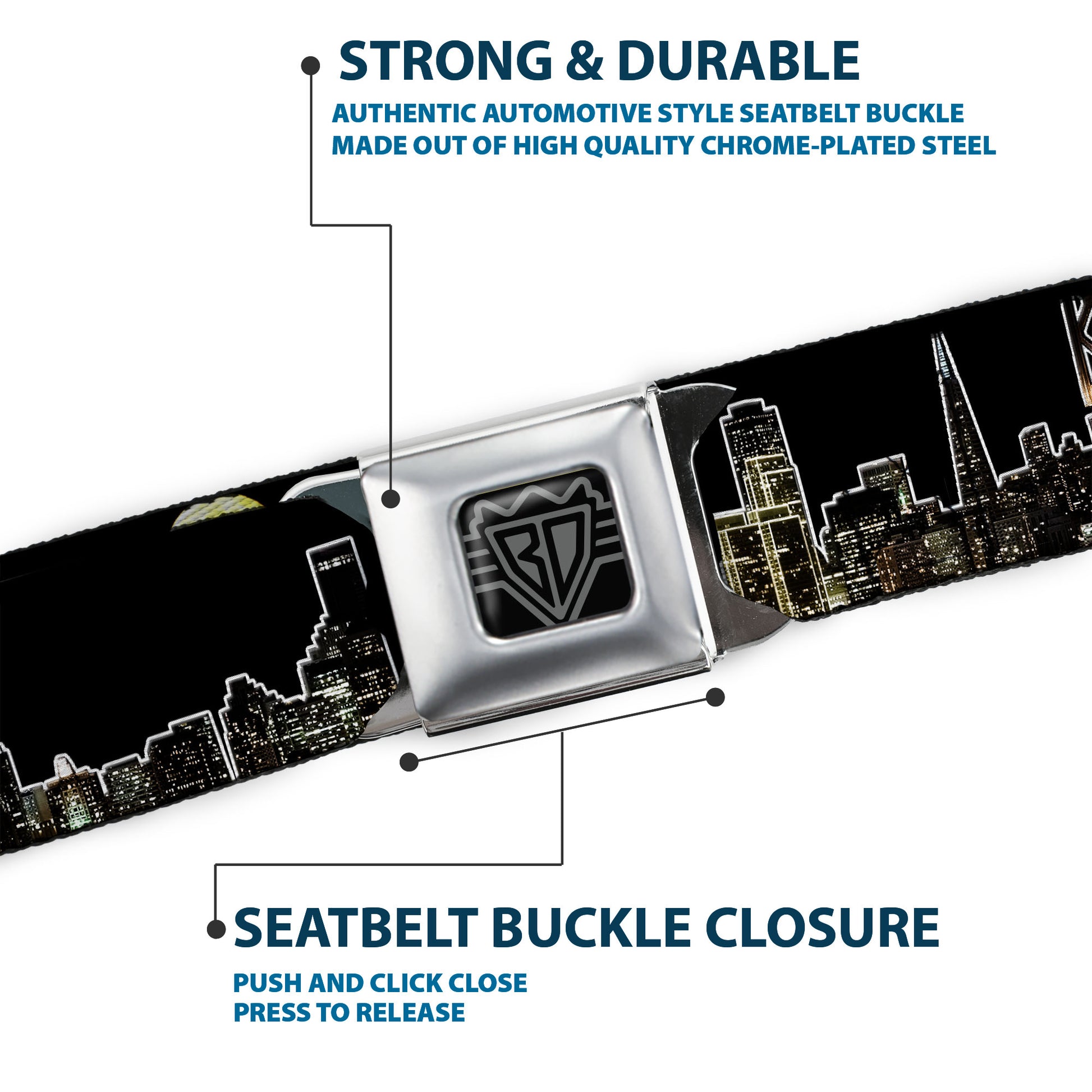 BD Wings Logo CLOSE-UP Full Color Black Silver Seatbelt Belt - San Francisco w/Moon Vivid Skyline Black Webbing Seatbelt Belts Buckle-Down