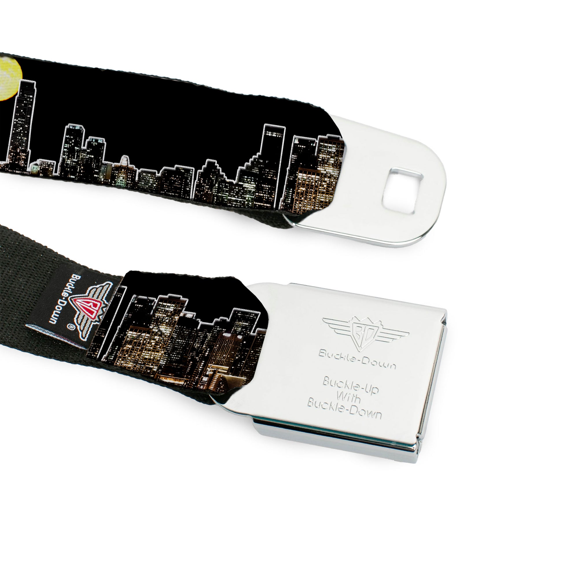 BD Wings Logo CLOSE-UP Full Color Black Silver Seatbelt Belt - San Francisco w/Moon Vivid Skyline Black Webbing Seatbelt Belts Buckle-Down