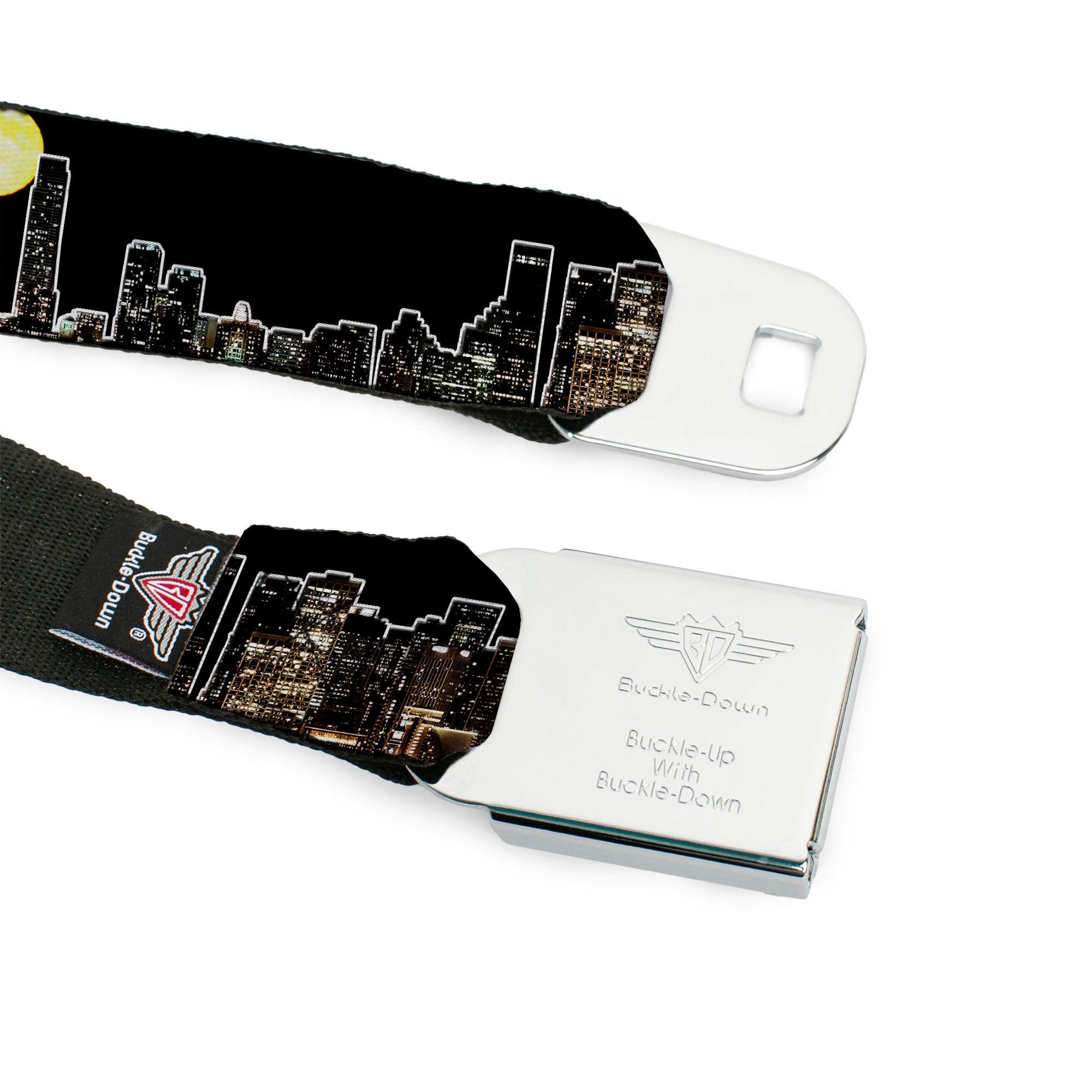 BD Wings Logo CLOSE-UP Full Color Black Silver Seatbelt Belt - San Francisco w/Moon Vivid Skyline Black Webbing Seatbelt Belts Buckle-Down