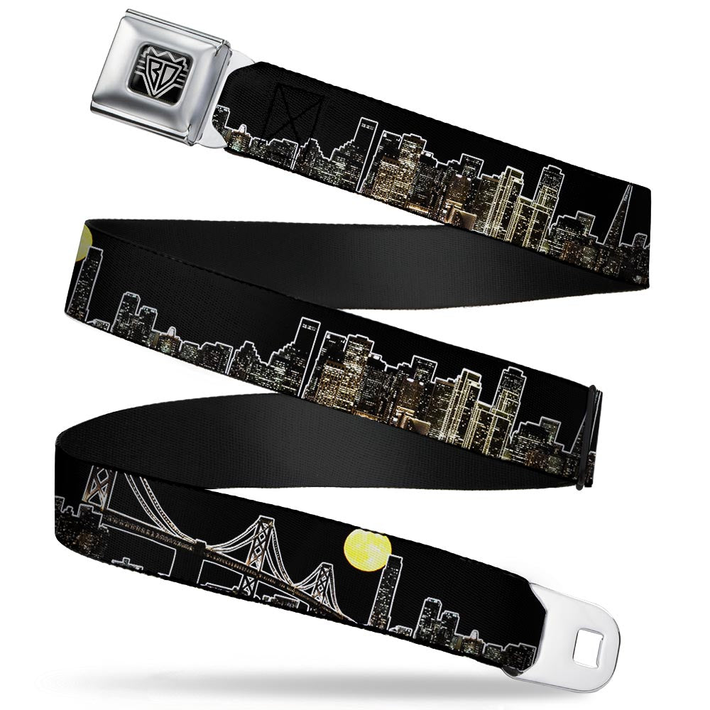 BD Wings Logo CLOSE-UP Full Color Black Silver Seatbelt Belt - San Francisco w/Moon Vivid Skyline Black Webbing Seatbelt Belts Buckle-Down