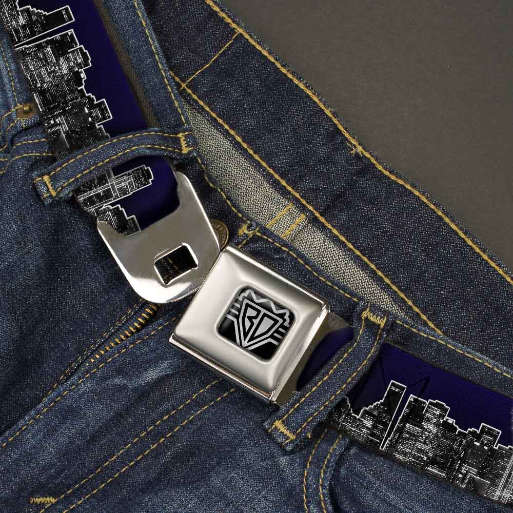 BD Wings Logo CLOSE-UP Full Color Black Silver Seatbelt Belt - San Francisco Vivid Skyline Midnight Blue Webbing Seatbelt Belts Buckle-Down